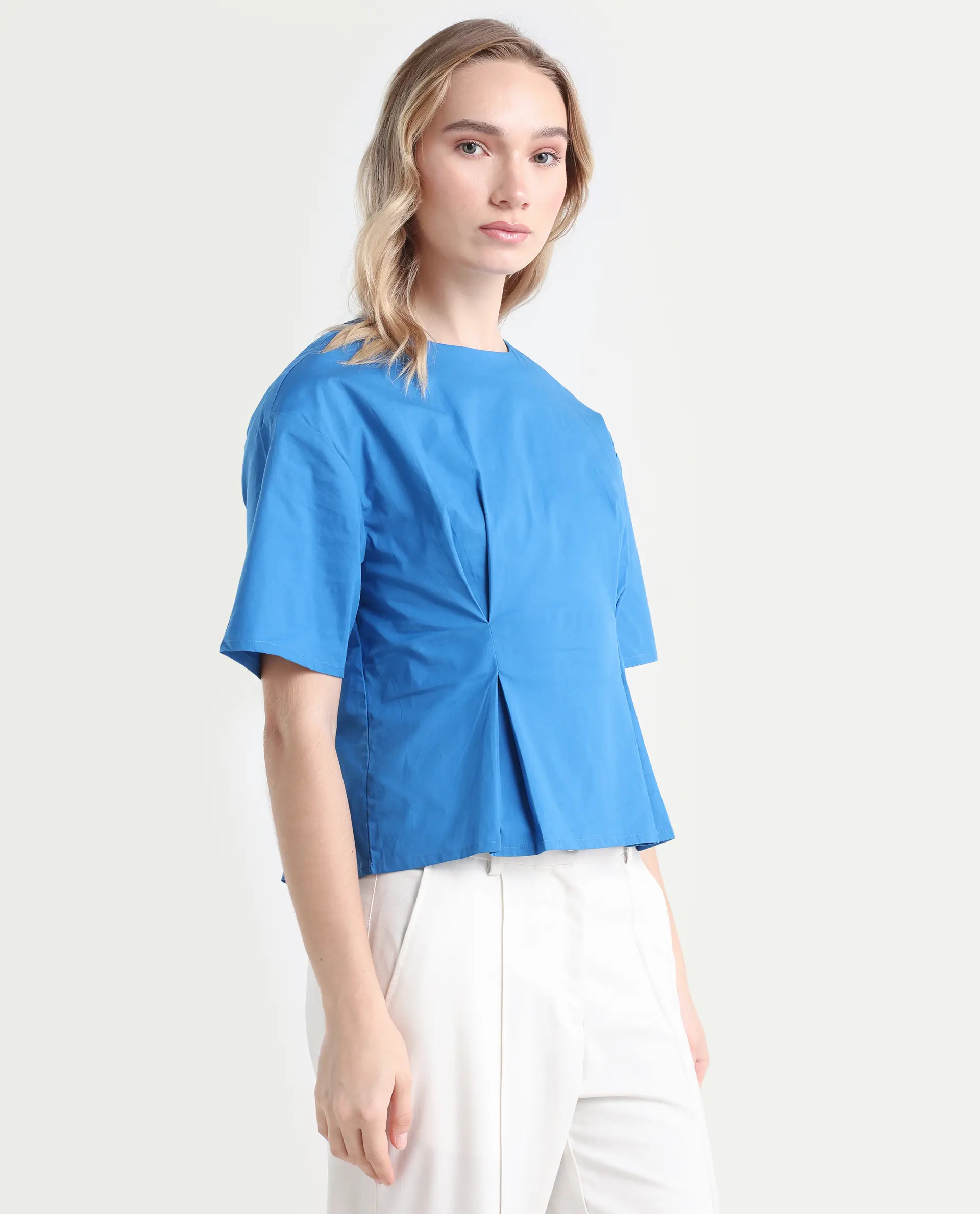 Rareism Women's Wimf Blue Cotton Blend Crew Neck Plain Regular Fit Top - Image 6