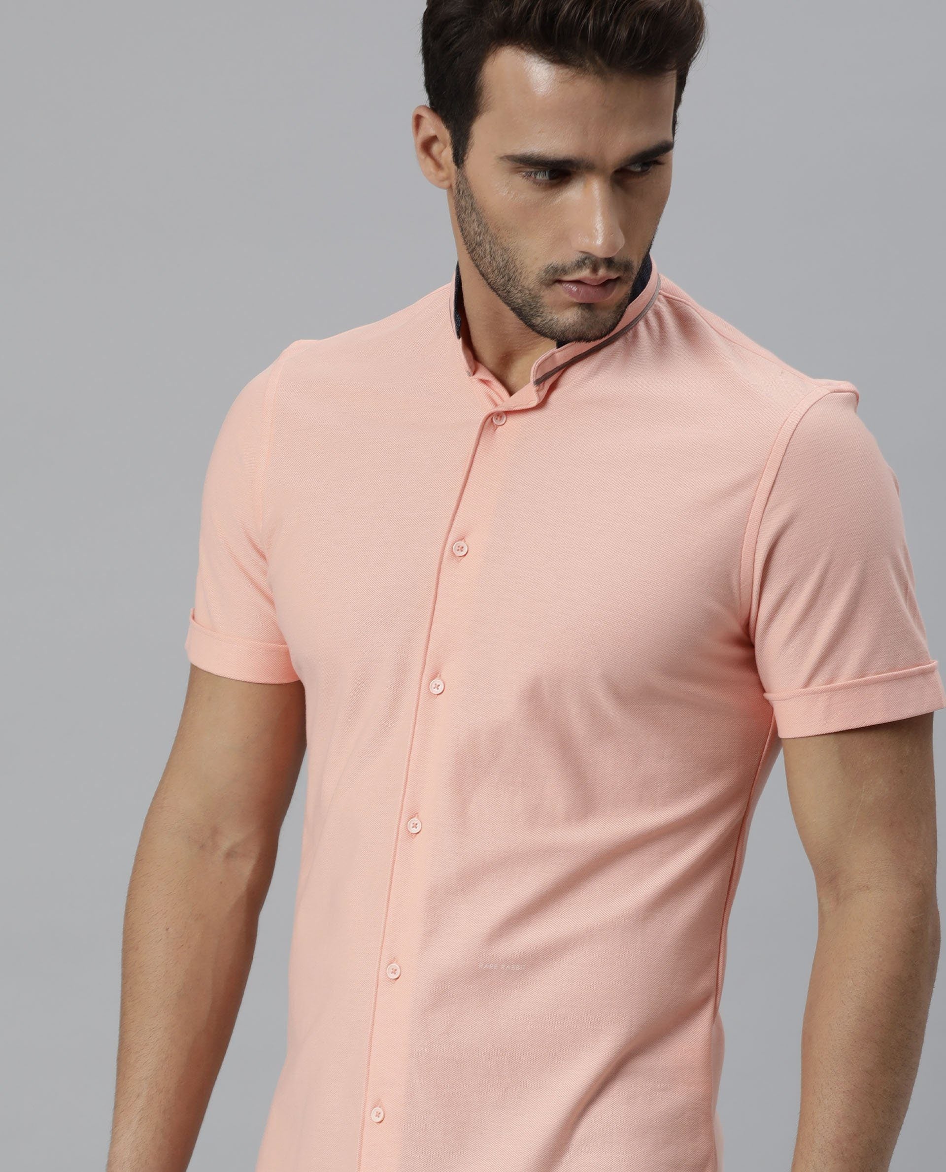 Rare Rabbit Men's Wind Peach Cotton Plain Tailored Fit Half Sleeve Mandarin Collar Shirt