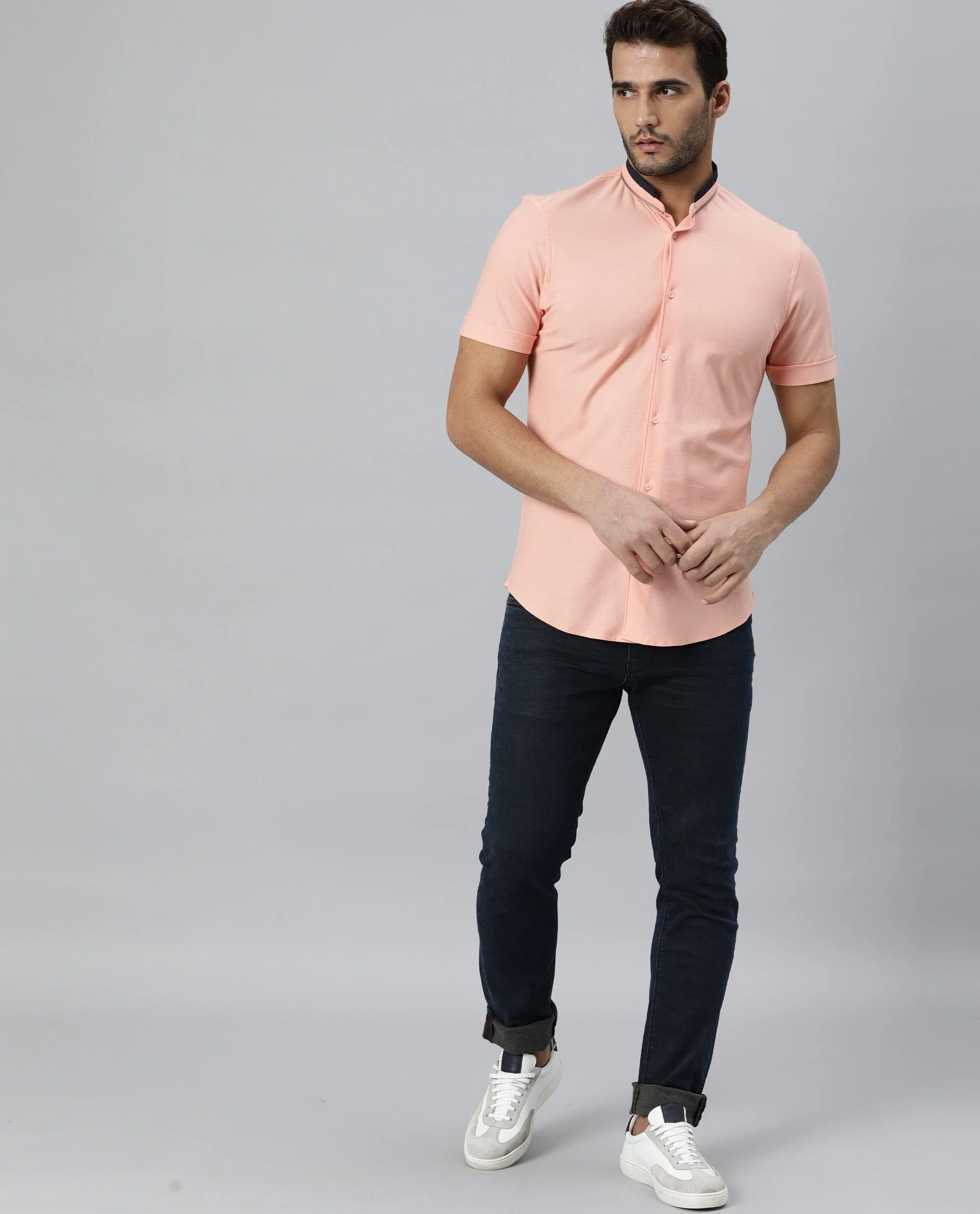 Rare Rabbit Men's Wind Peach Cotton Plain Tailored Fit Half Sleeve Mandarin Collar Shirt - Image 3