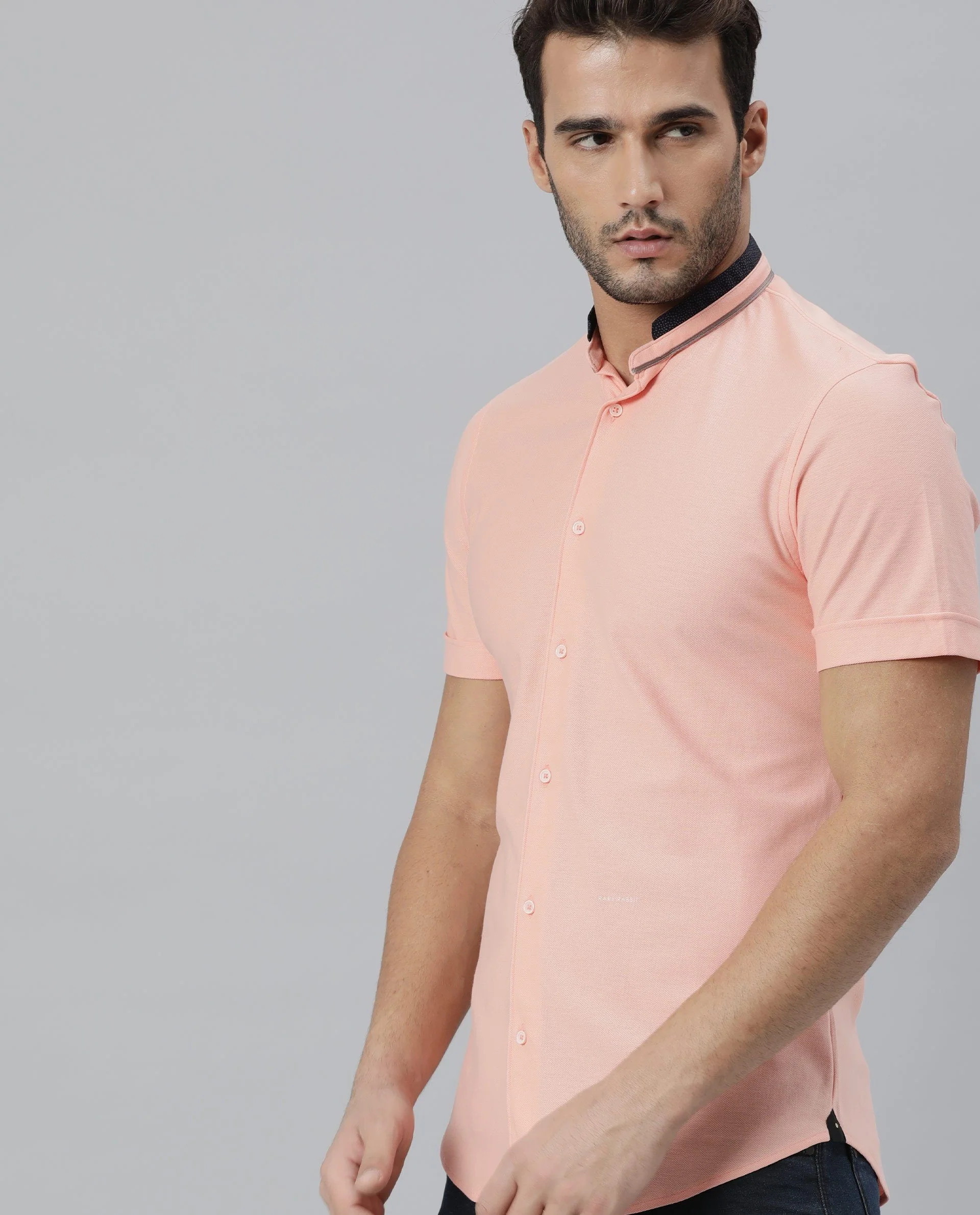 Rare Rabbit Men's Wind Peach Cotton Plain Tailored Fit Half Sleeve Mandarin Collar Shirt - Image 5