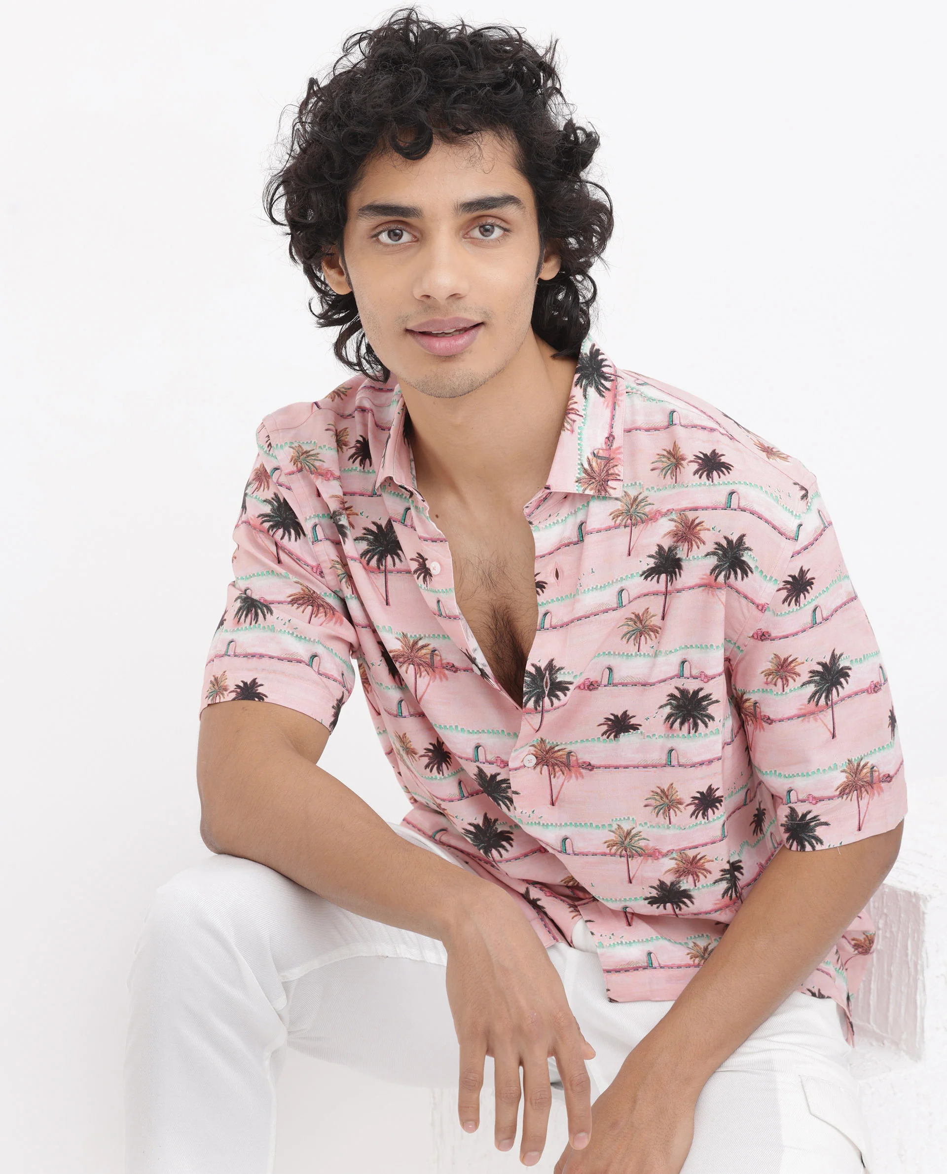 Rare Rabbit Men's Windo Light Pink Viscose Tropical Print Boxy Fit Half Sleeve Collared Shirt - Image 10