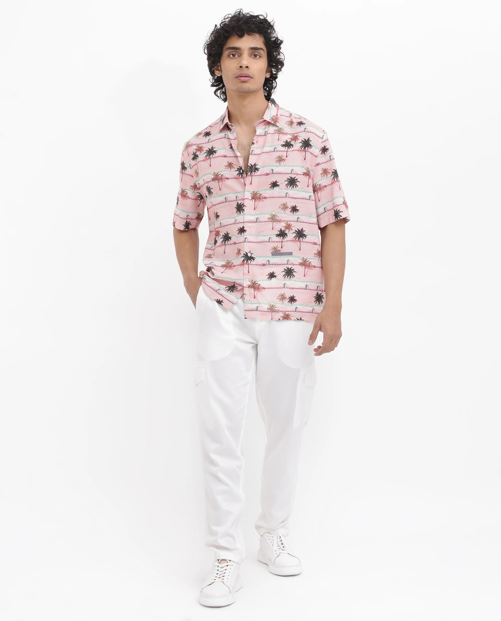 Rare Rabbit Men's Windo Light Pink Viscose Tropical Print Boxy Fit Half Sleeve Collared Shirt - Image 2