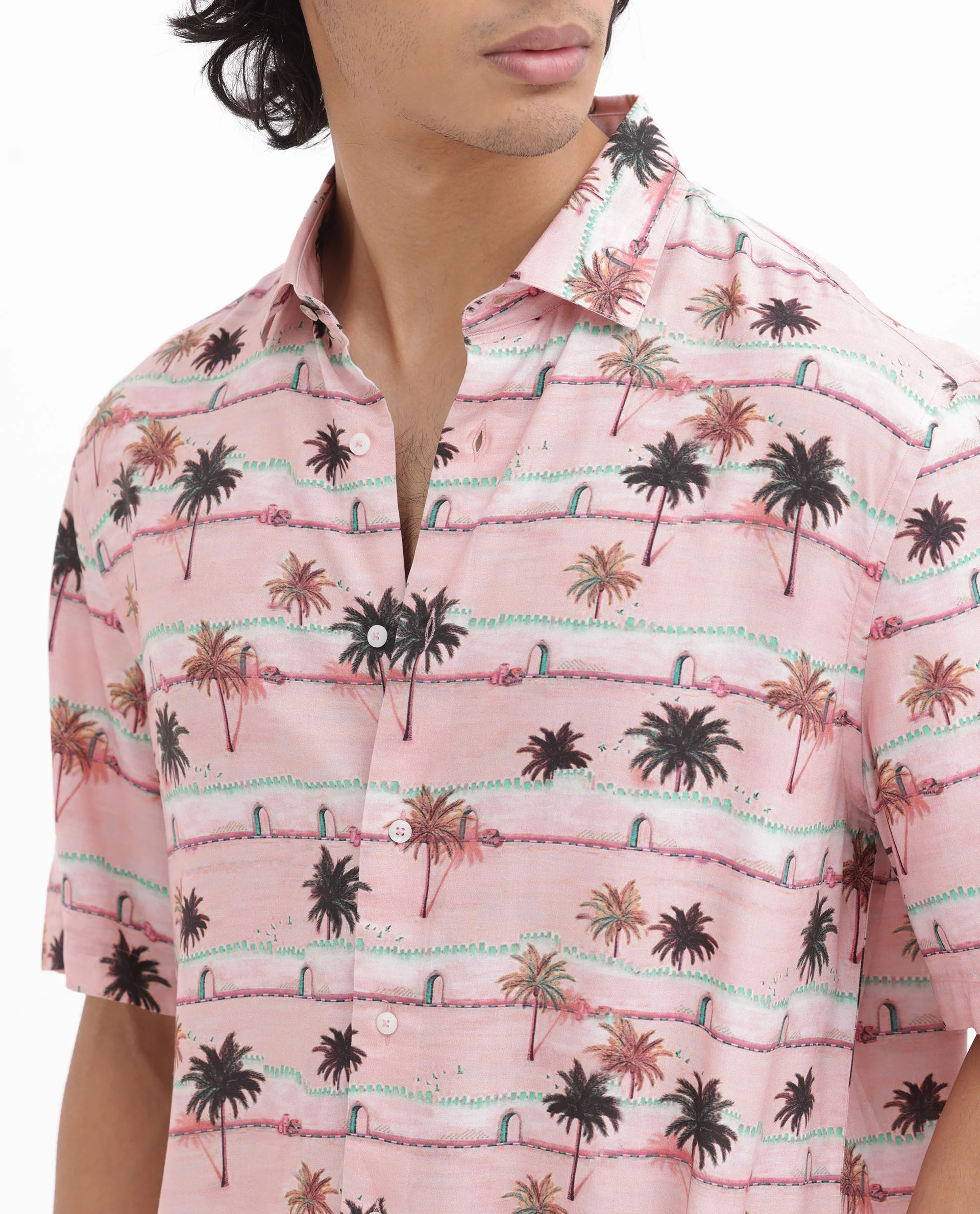 Rare Rabbit Men's Windo Light Pink Viscose Tropical Print Boxy Fit Half Sleeve Collared Shirt - Image 3
