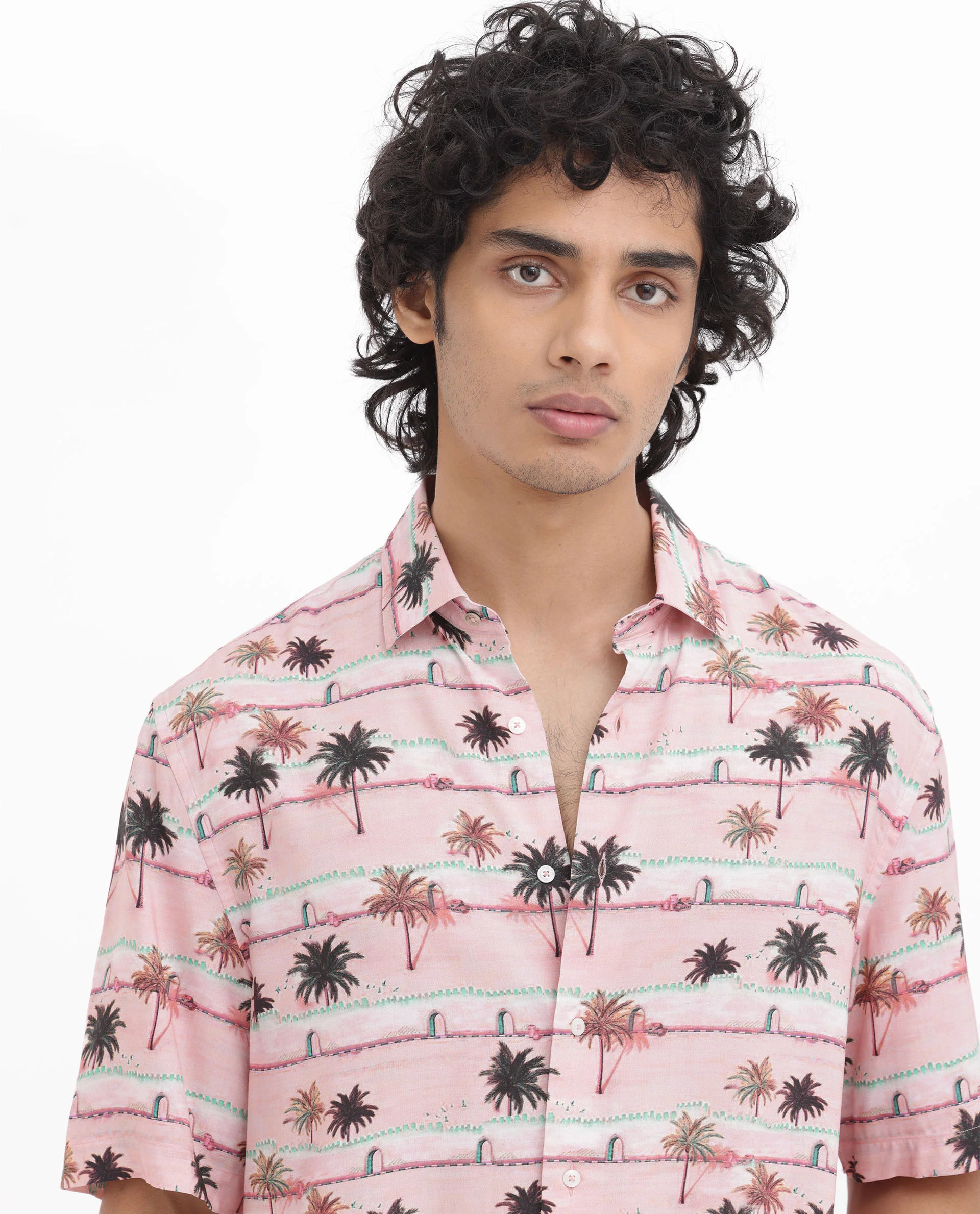 Rare Rabbit Men's Windo Light Pink Viscose Tropical Print Boxy Fit Half Sleeve Collared Shirt - Image 4