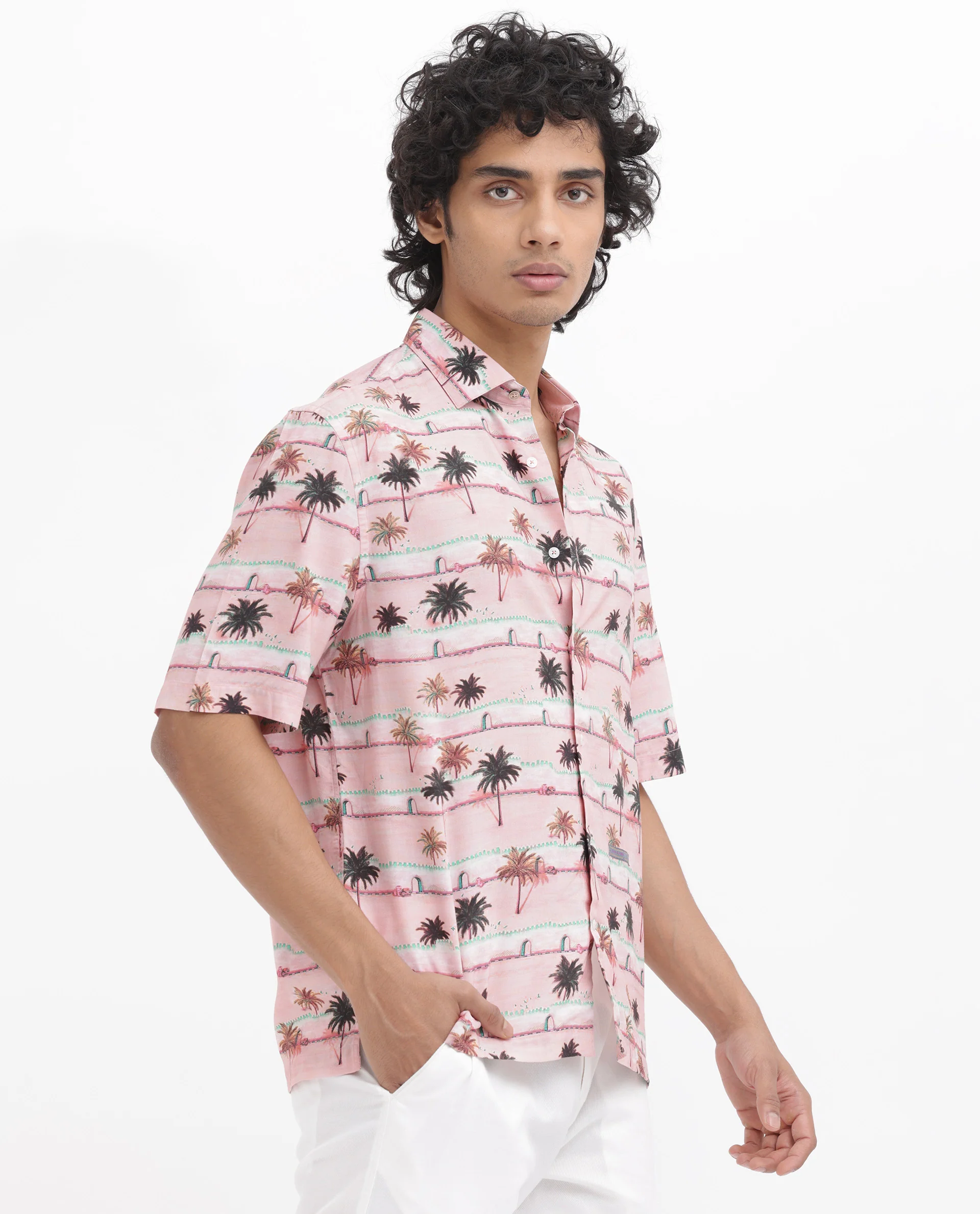 Rare Rabbit Men's Windo Light Pink Viscose Tropical Print Boxy Fit Half Sleeve Collared Shirt - Image 5