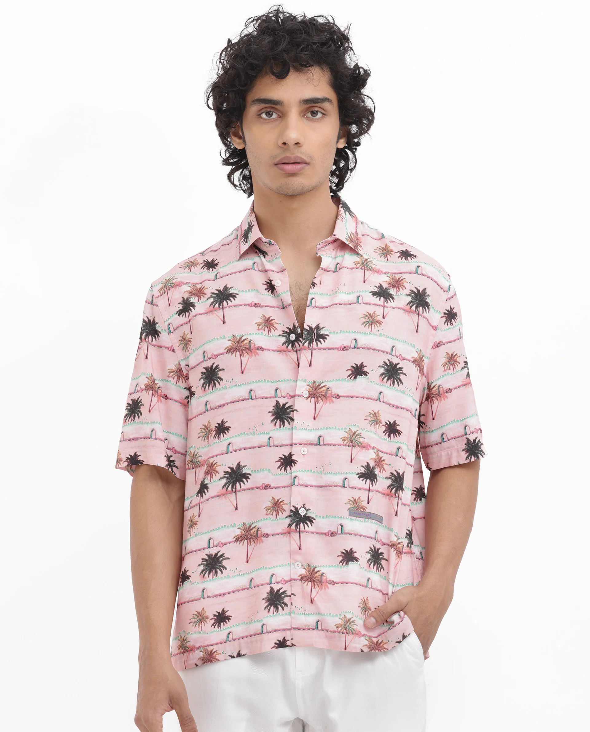Rare Rabbit Men's Windo Light Pink Viscose Tropical Print Boxy Fit Half Sleeve Collared Shirt - Image 6