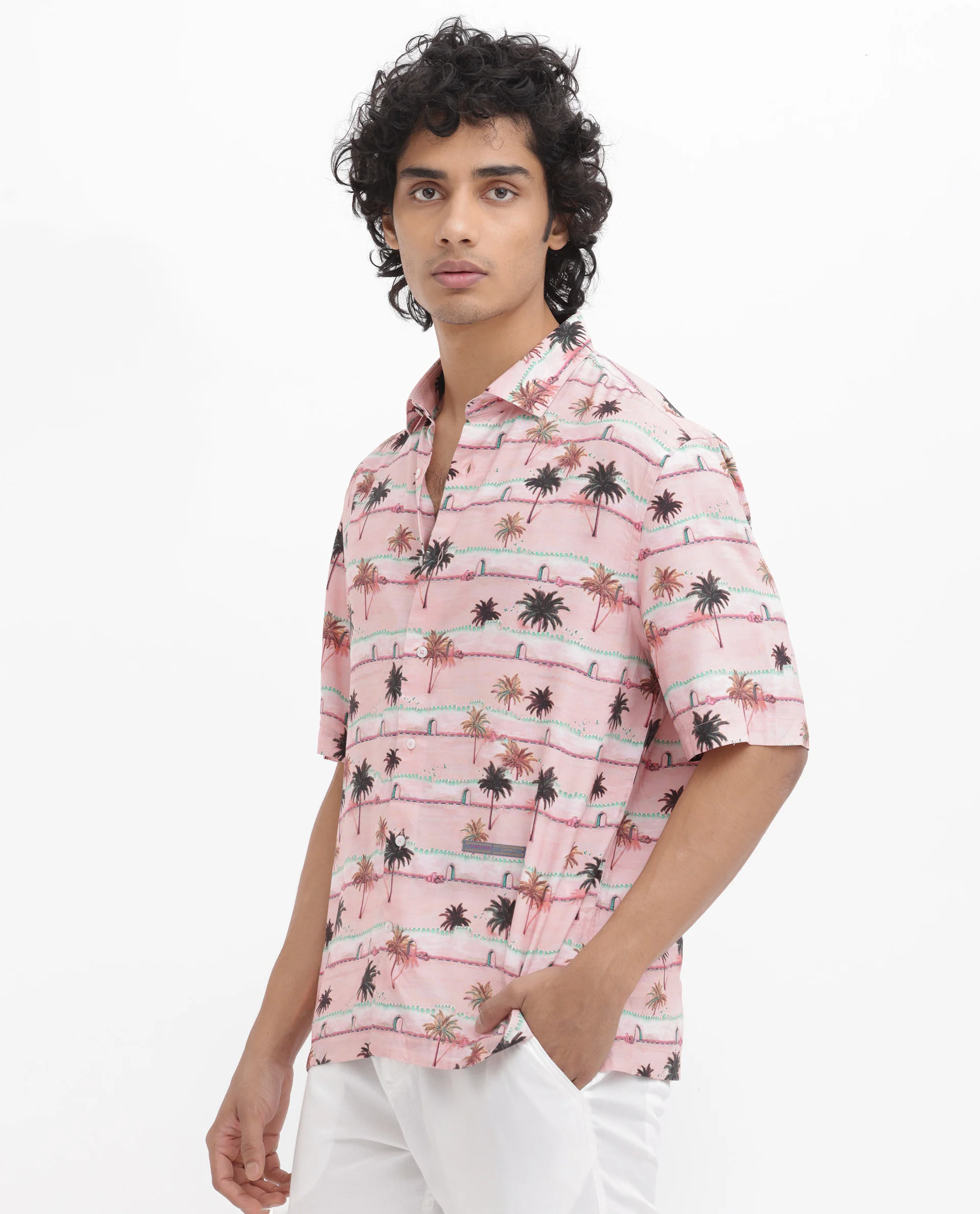 Rare Rabbit Men's Windo Light Pink Viscose Tropical Print Boxy Fit Half Sleeve Collared Shirt - Image 8