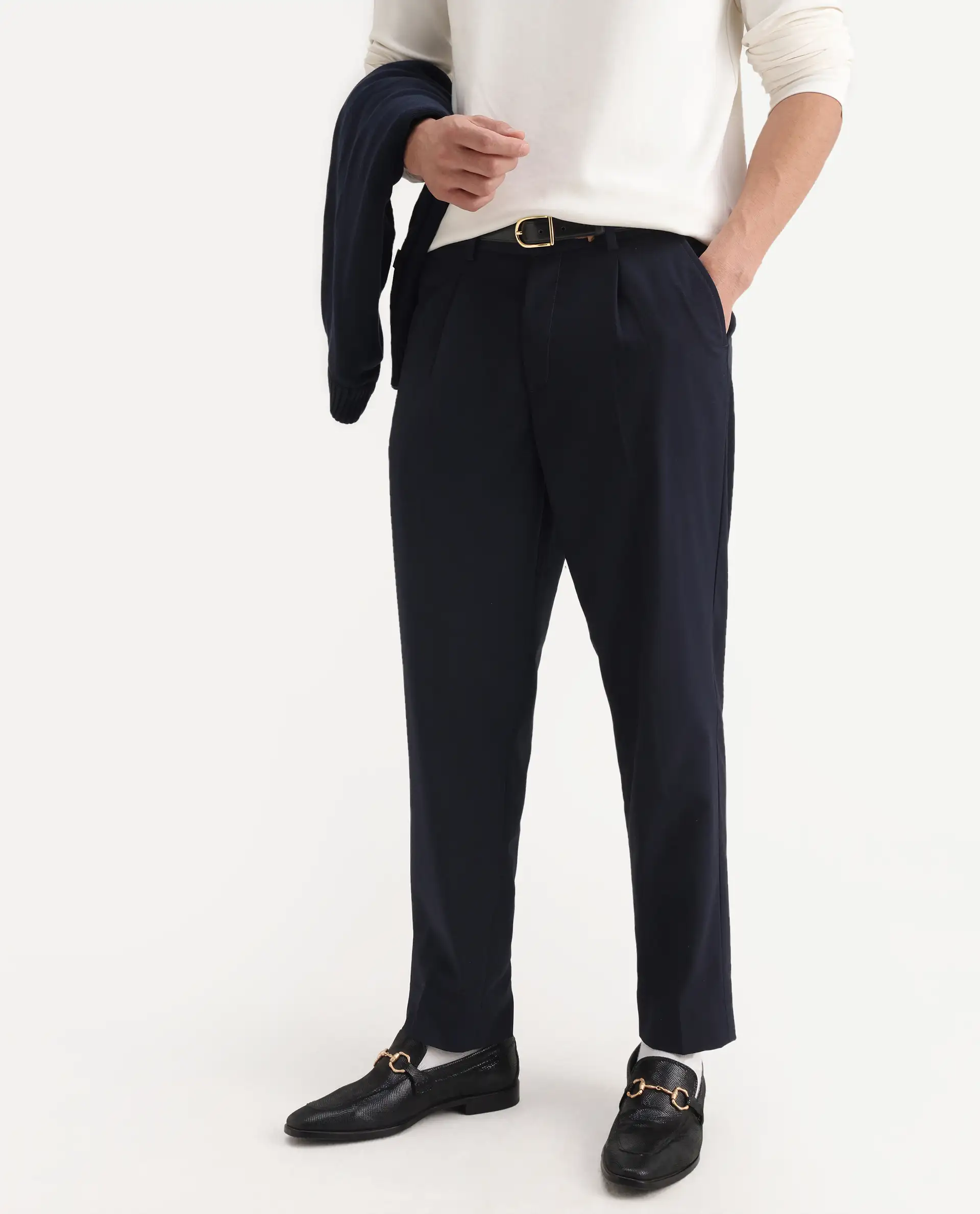 Rare Rabbit Men's Windsor Navy Cotton Plain Relaxed Fit Trouser - Image 2