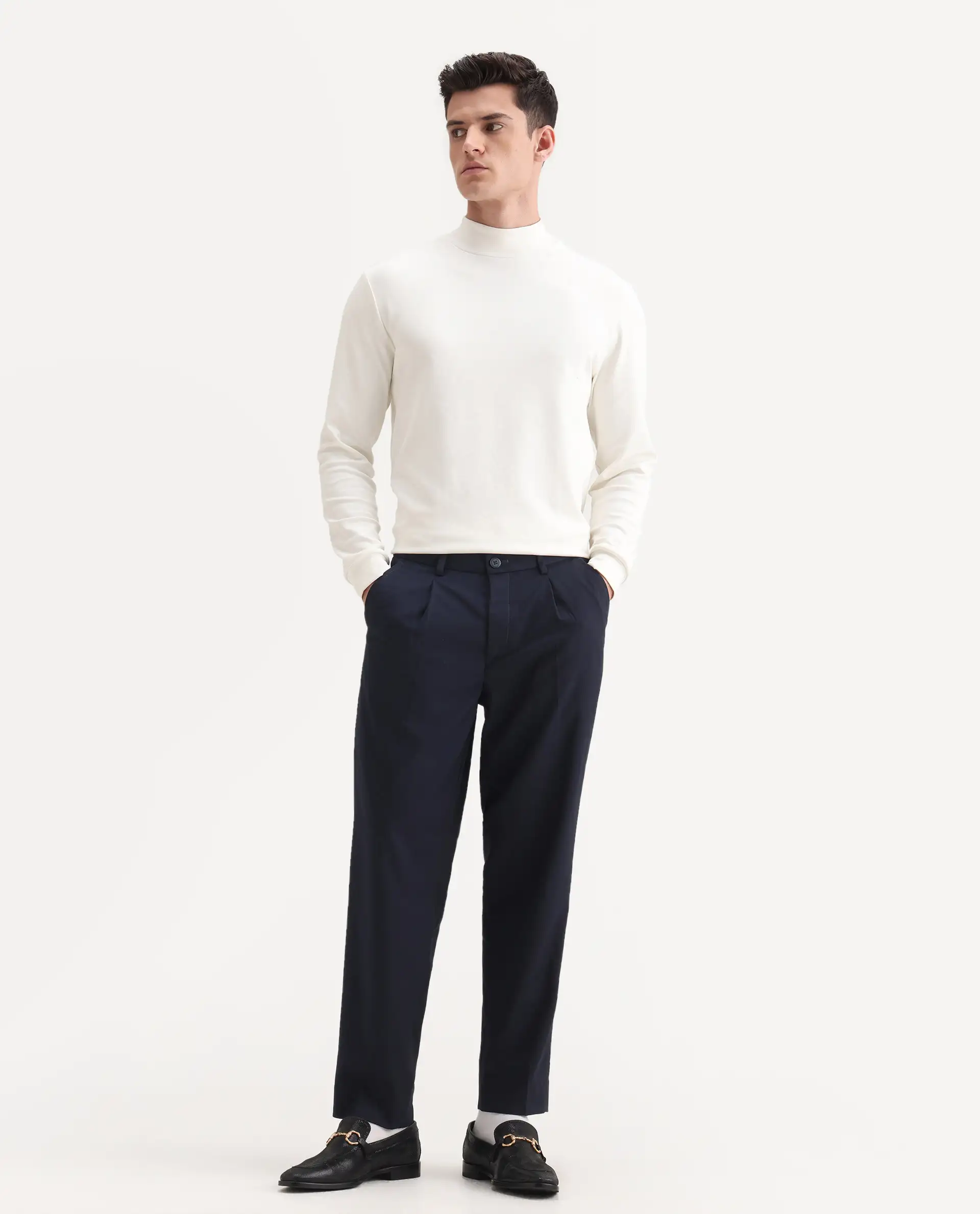 Rare Rabbit Men's Windsor Navy Cotton Plain Relaxed Fit Trouser - Image 4