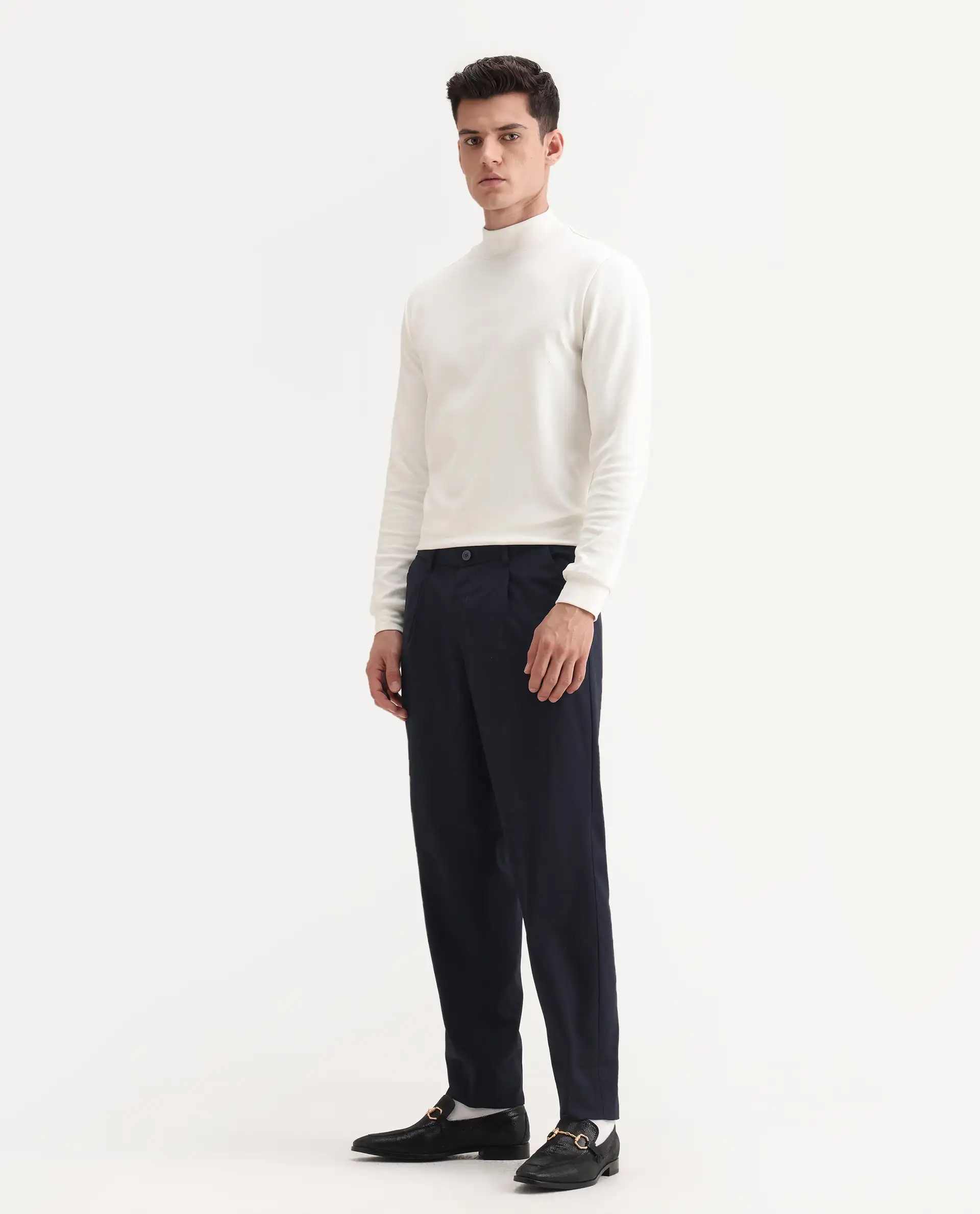 Rare Rabbit Men's Windsor Navy Cotton Plain Relaxed Fit Trouser - Image 5