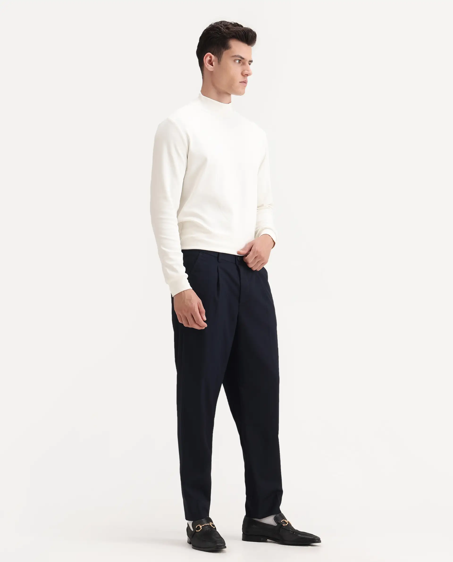 Rare Rabbit Men's Windsor Navy Cotton Plain Relaxed Fit Trouser - Image 7