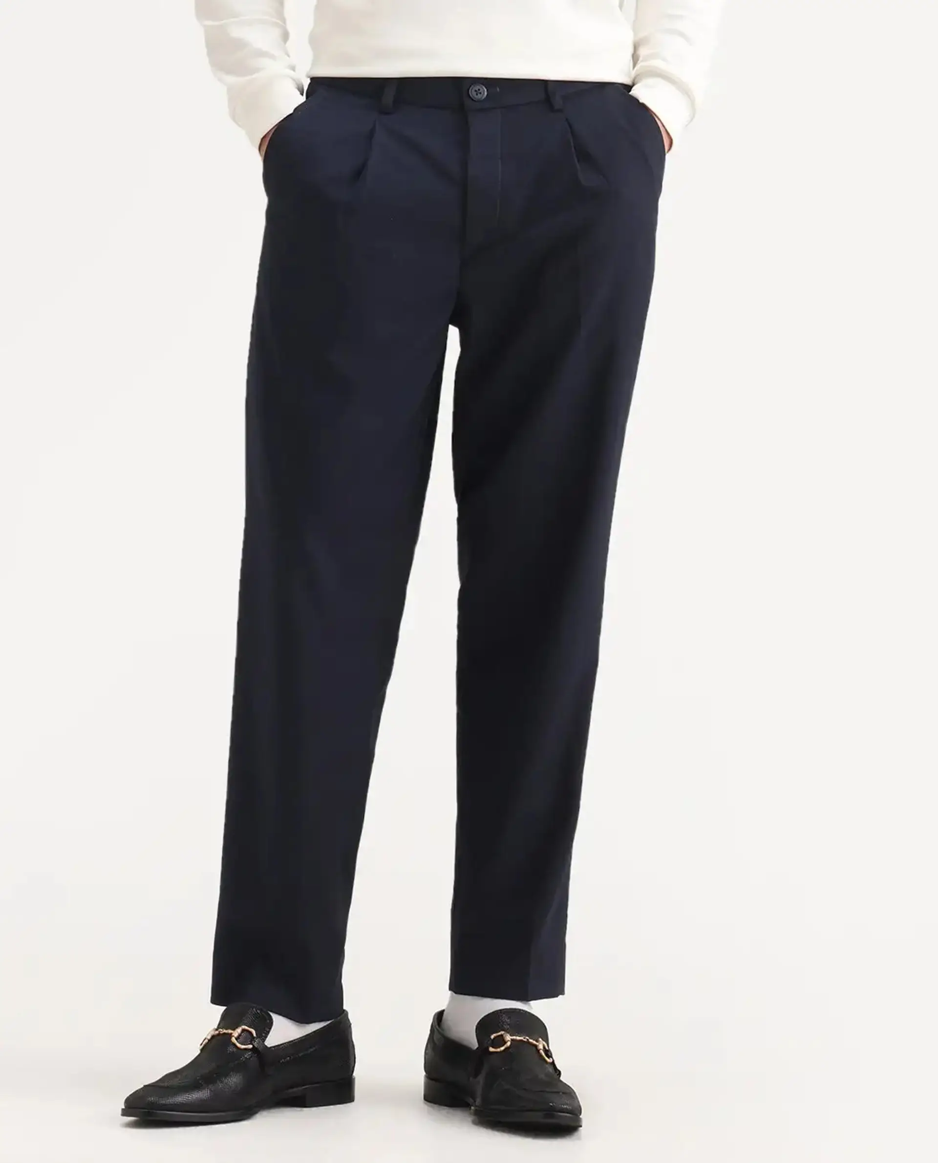 Rare Rabbit Men's Windsor Navy Cotton Plain Relaxed Fit Trouser - Image 9