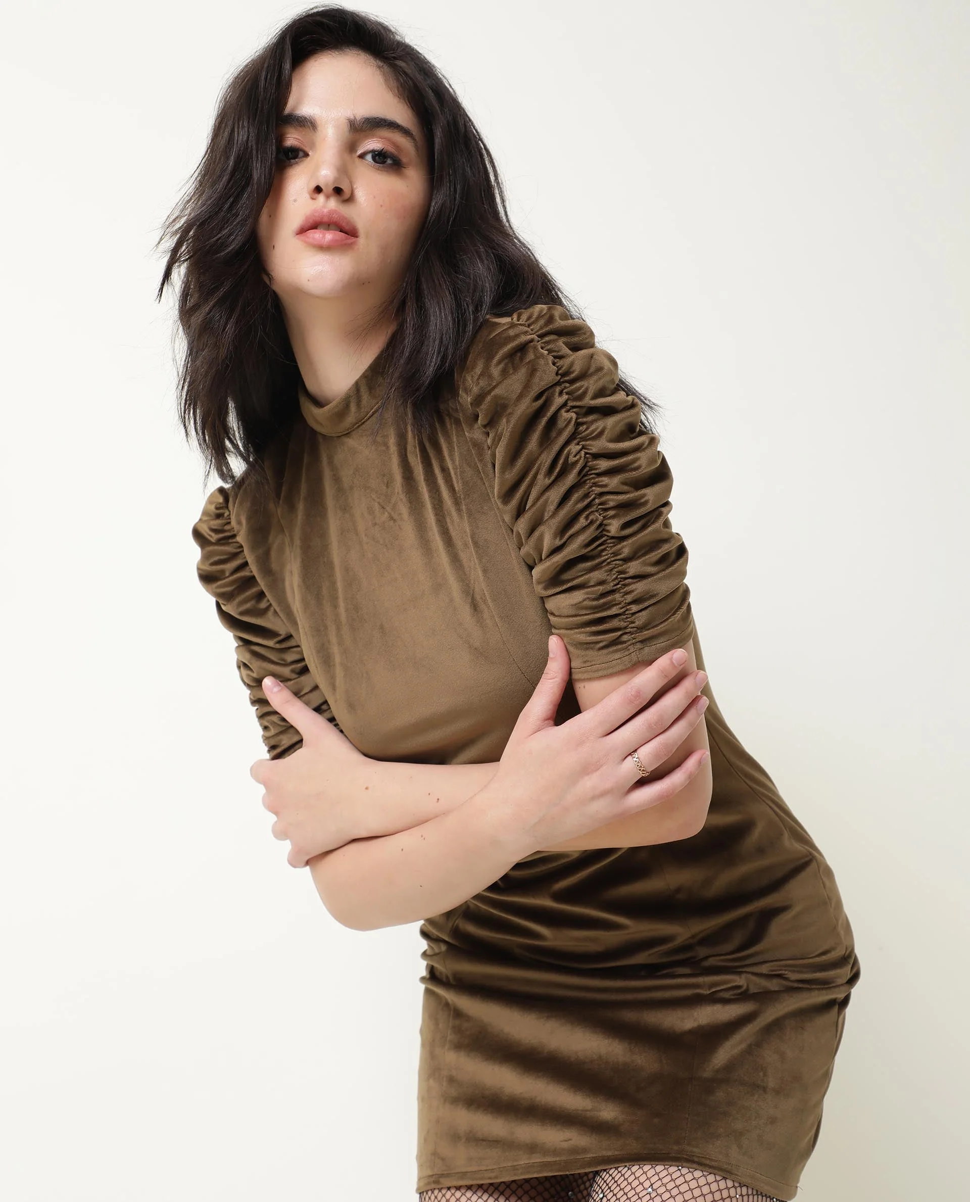 Rareism Women's Winey Olive High Neck Plain Knee Length Regular Fit Dress - Image 2