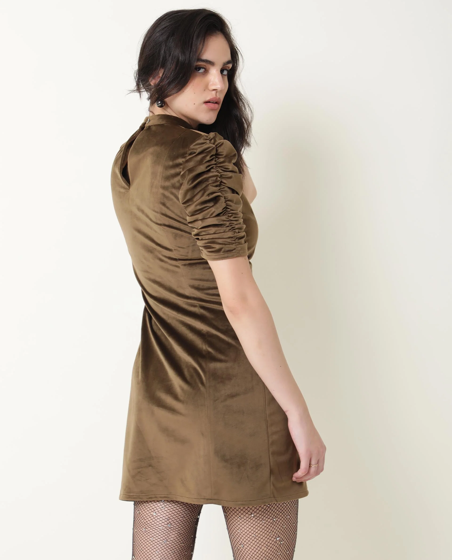 Rareism Women's Winey Olive High Neck Plain Knee Length Regular Fit Dress - Image 6