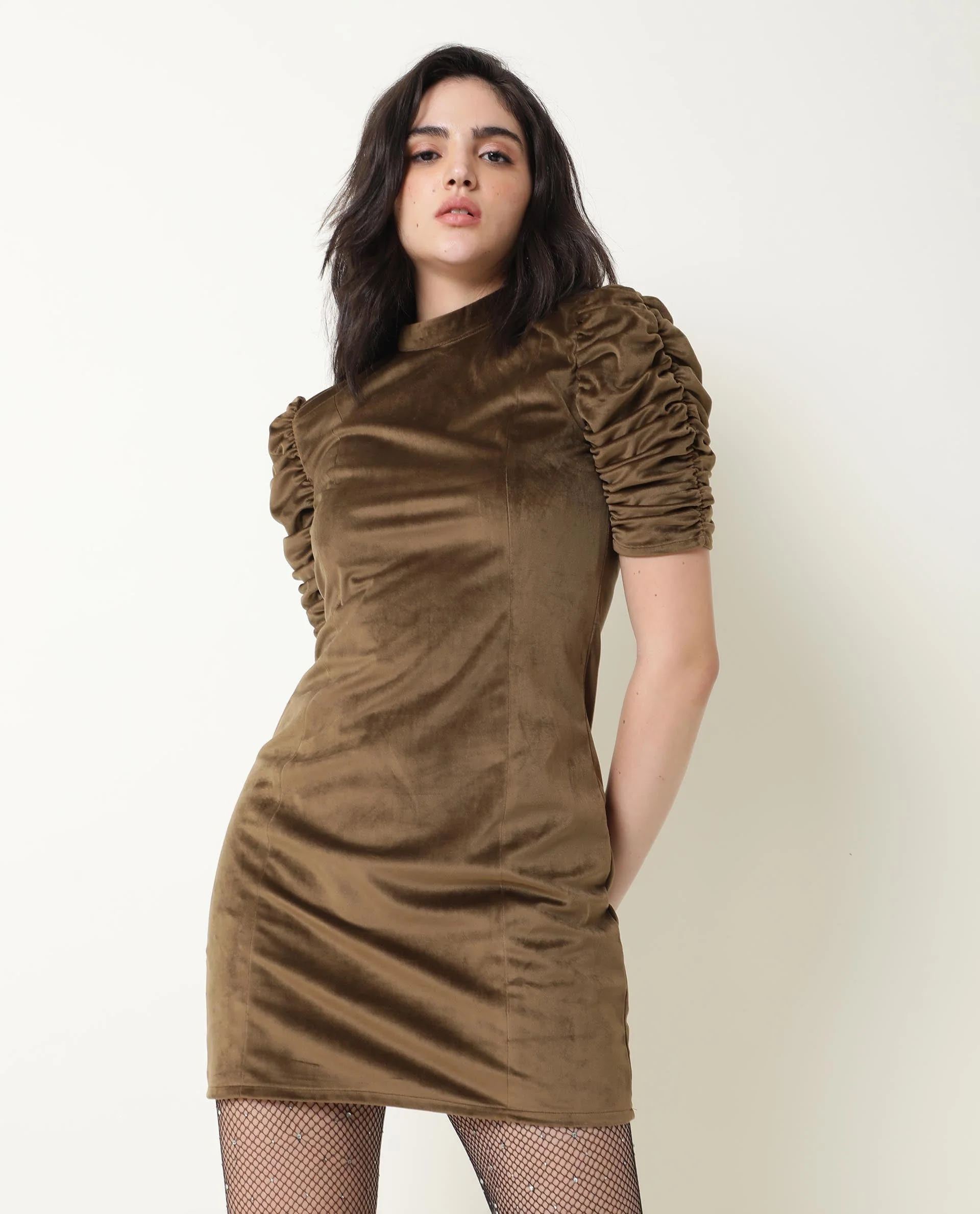 Rareism Women's Winey Olive High Neck Plain Knee Length Regular Fit Dress - Image 8