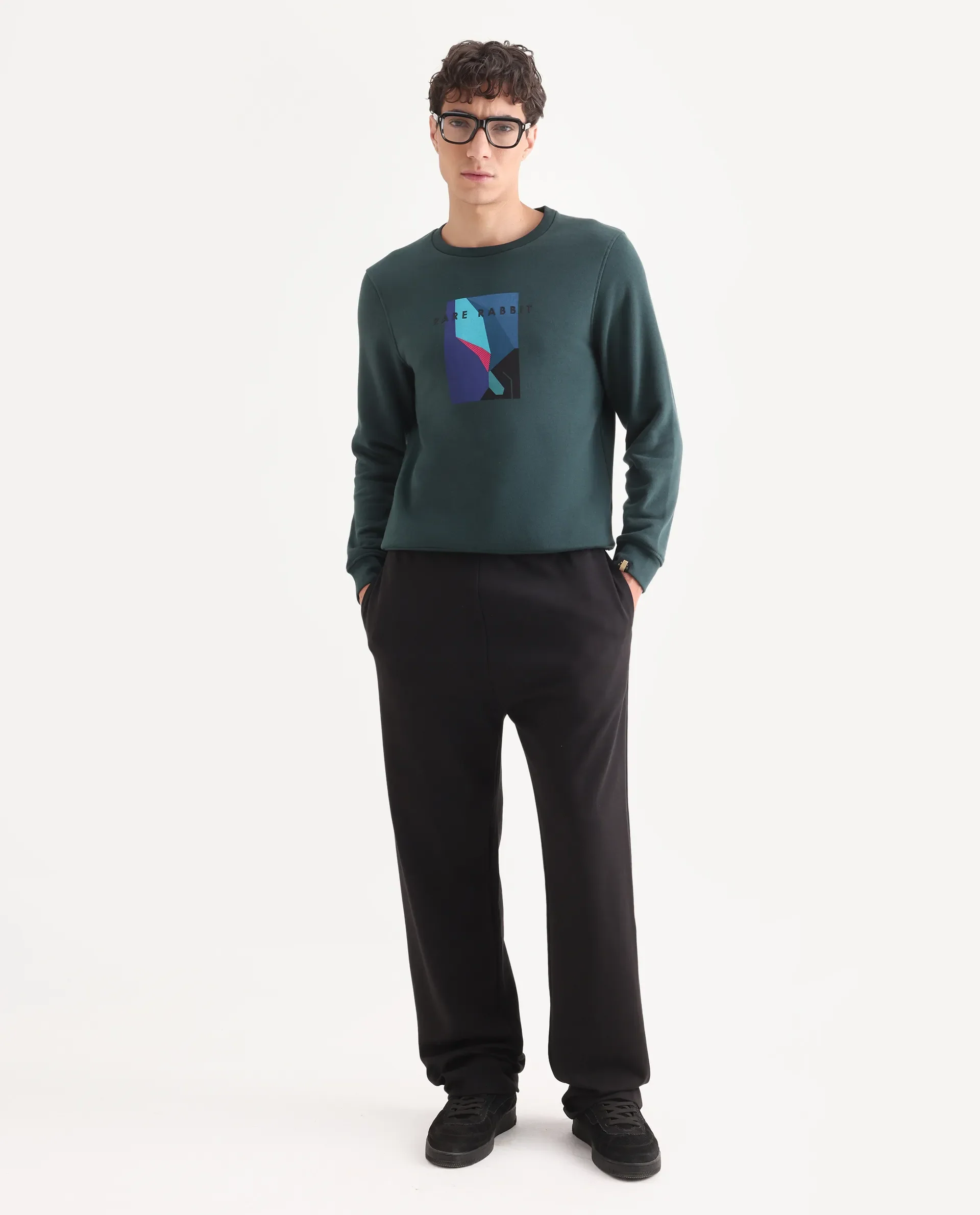 Rare Rabbit Men's Winfred Green Cotton Graphic Print Regular Fit Full Sleeve Crew Neck Sweatshirt - Image 2
