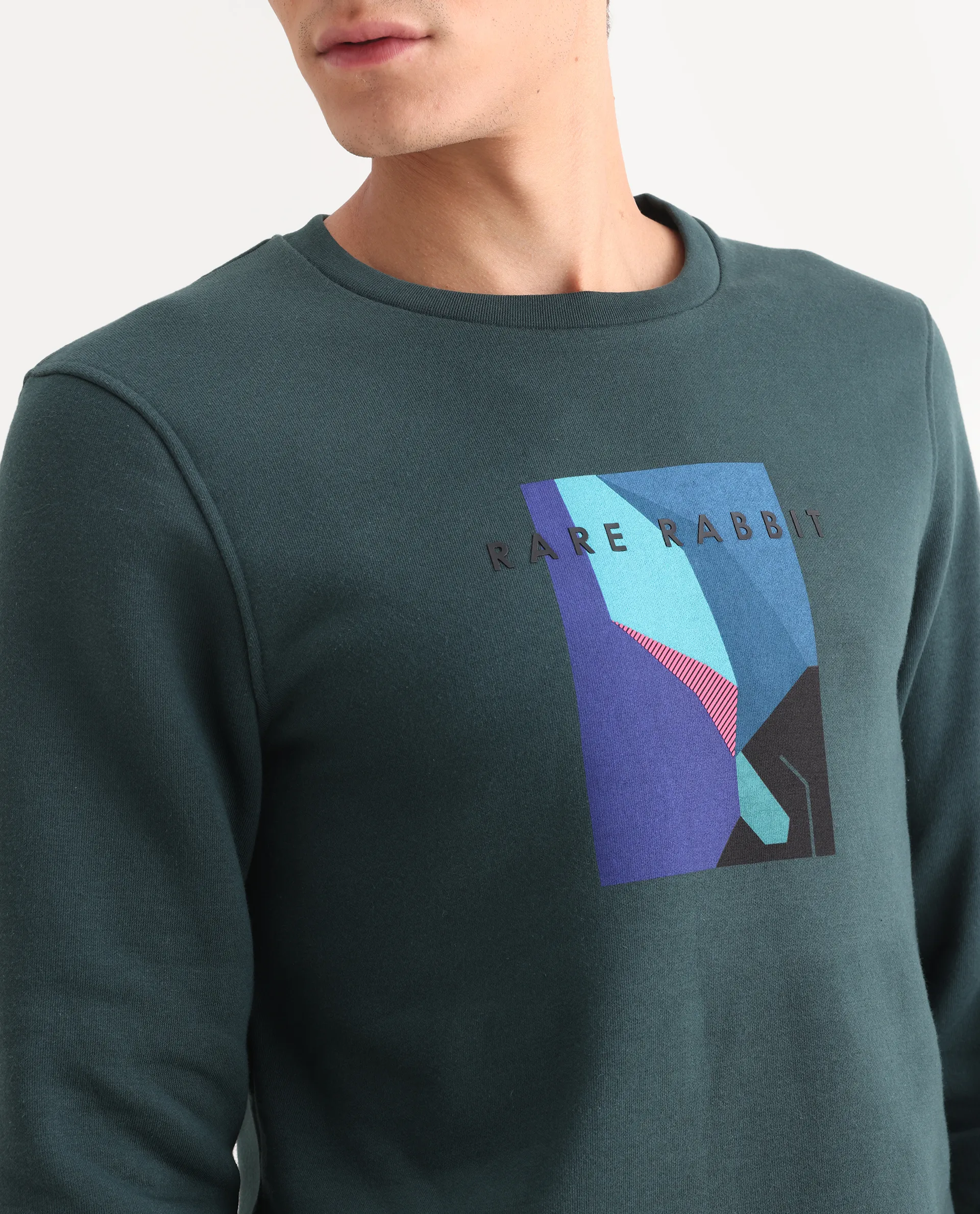 Rare Rabbit Men's Winfred Green Cotton Graphic Print Regular Fit Full Sleeve Crew Neck Sweatshirt - Image 4