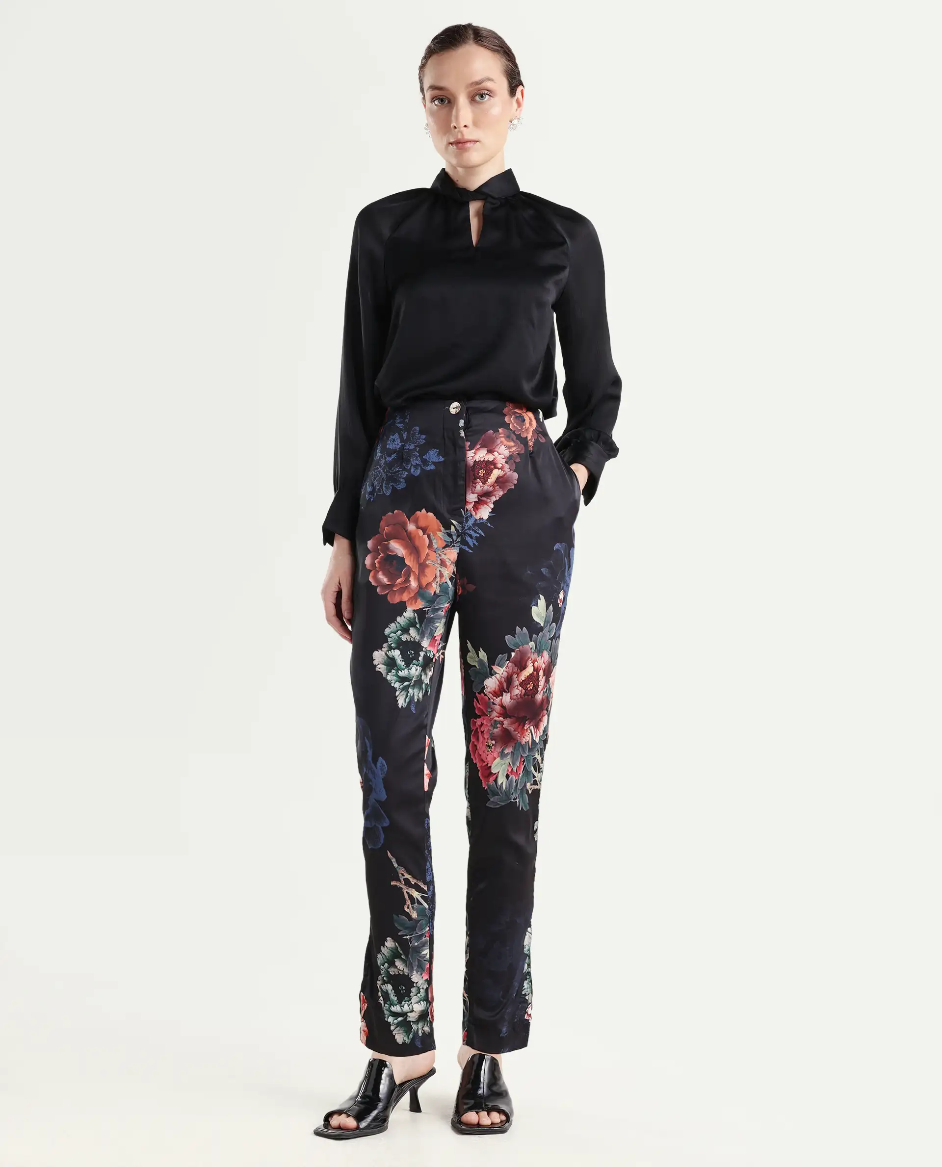 Rareism Women's Wingadium Black Modal Floral Print Ankle Length Regular Fit Trouser - Image 3