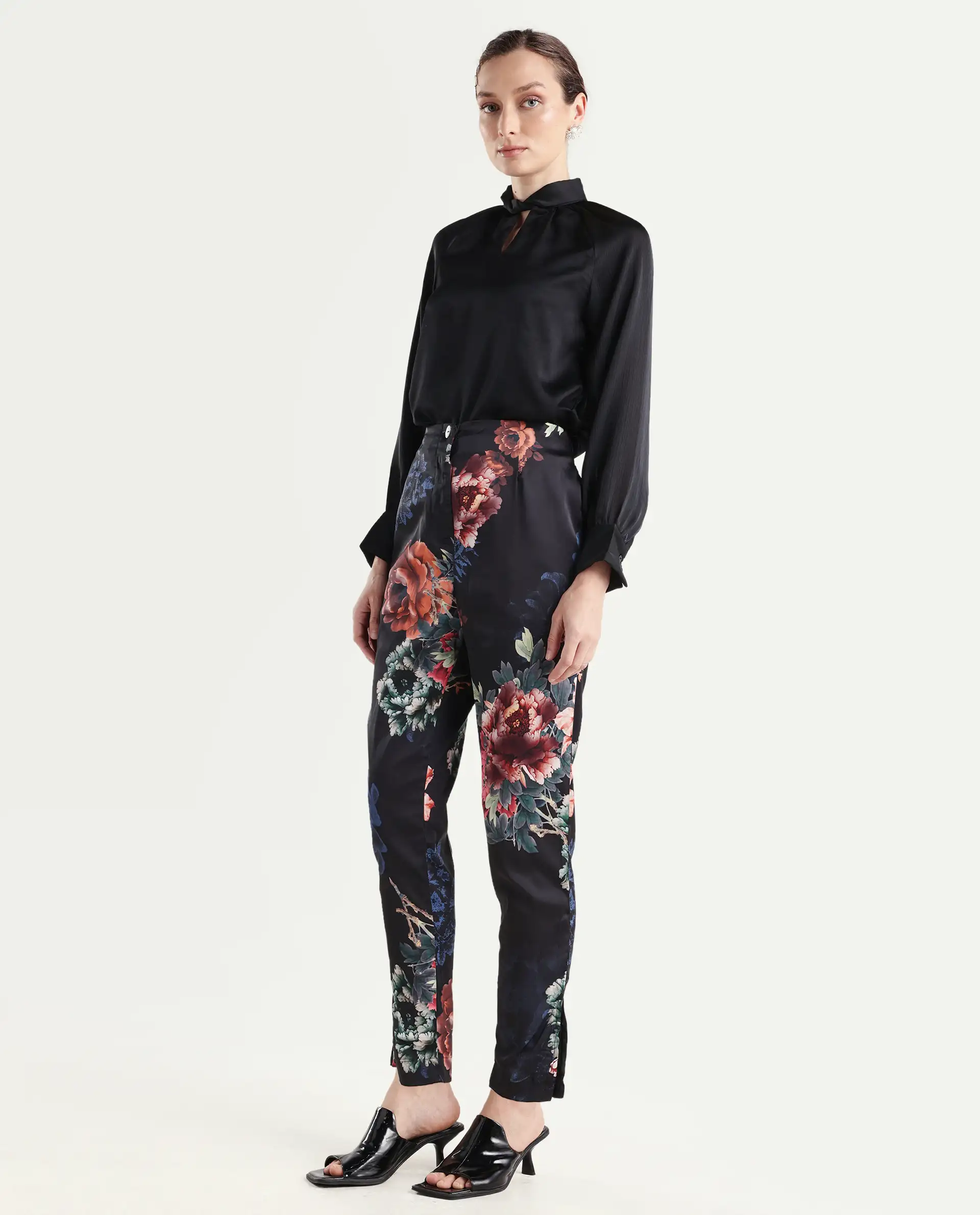 Rareism Women's Wingadium Black Modal Floral Print Ankle Length Regular Fit Trouser - Image 5