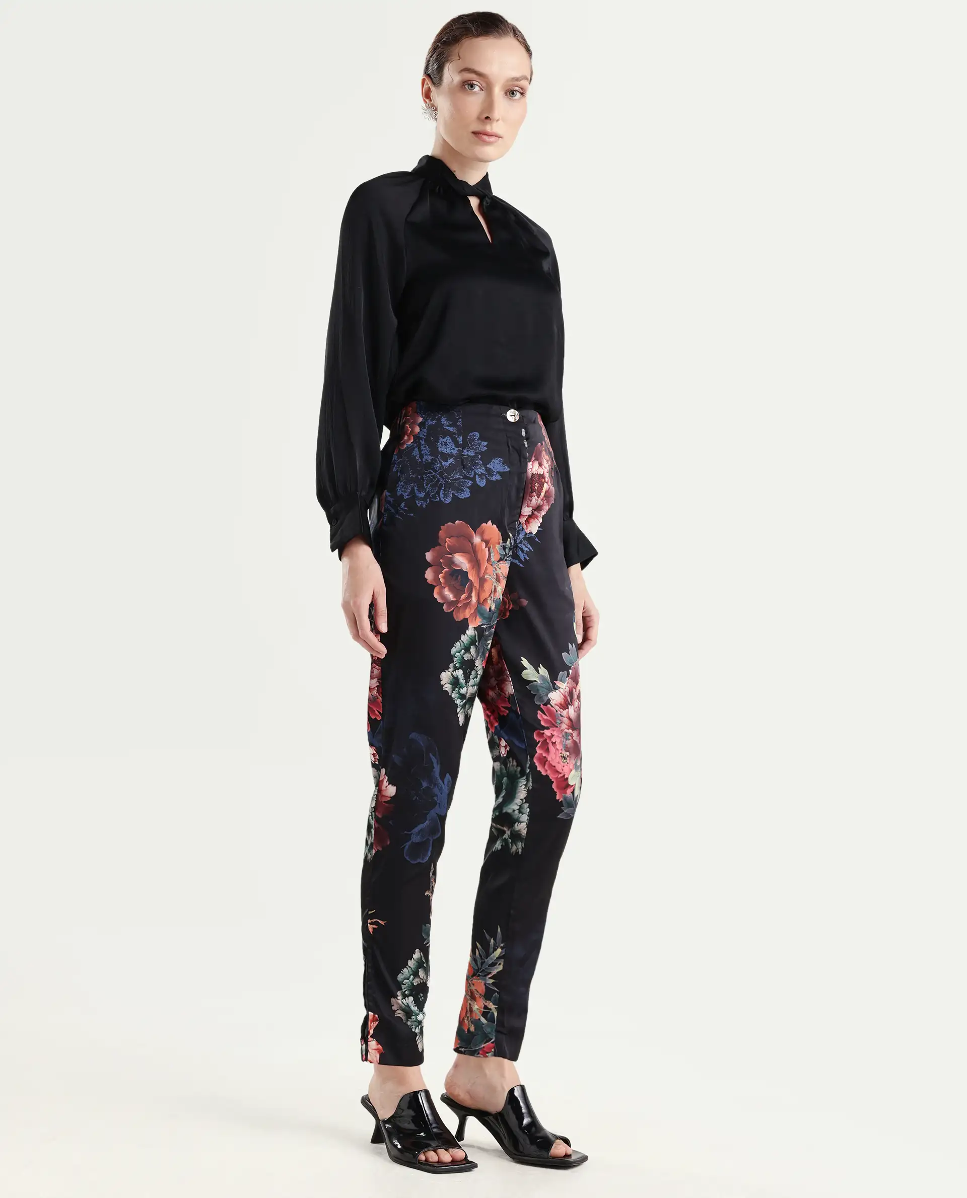 Rareism Women's Wingadium Black Modal Floral Print Ankle Length Regular Fit Trouser - Image 6