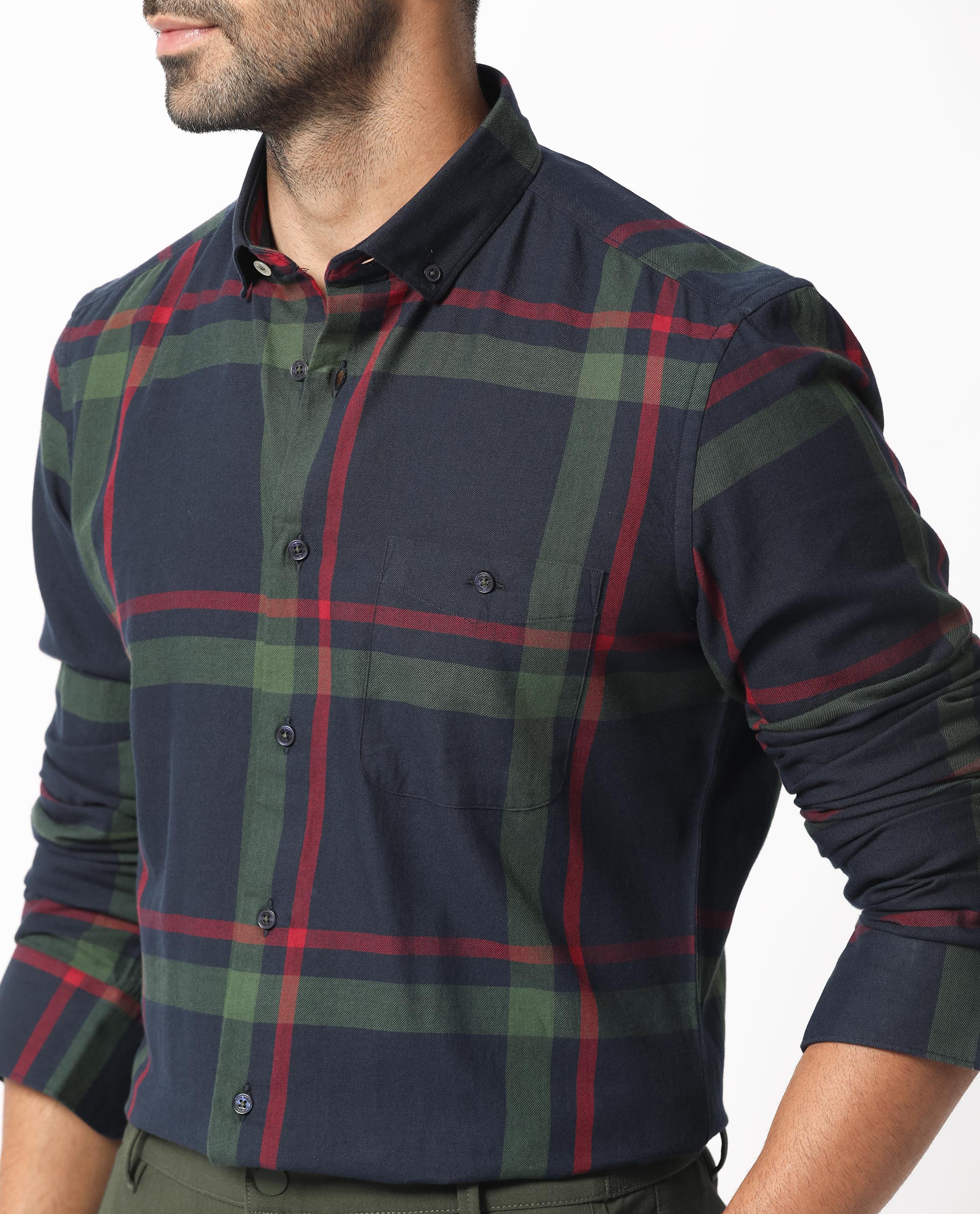 Rare Rabbit Men's Wink Dark Navy Cotton Checked Print Regular Fit Full Sleeve Collared Shirt - Image 4