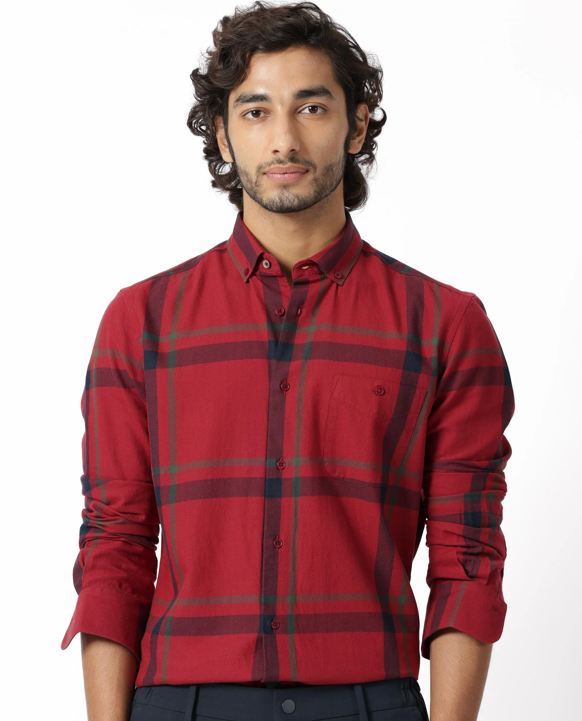 Rare Rabbit Men's Wink Red Cotton Checked Print Regular Fit Full Sleeve Collared Shirt
