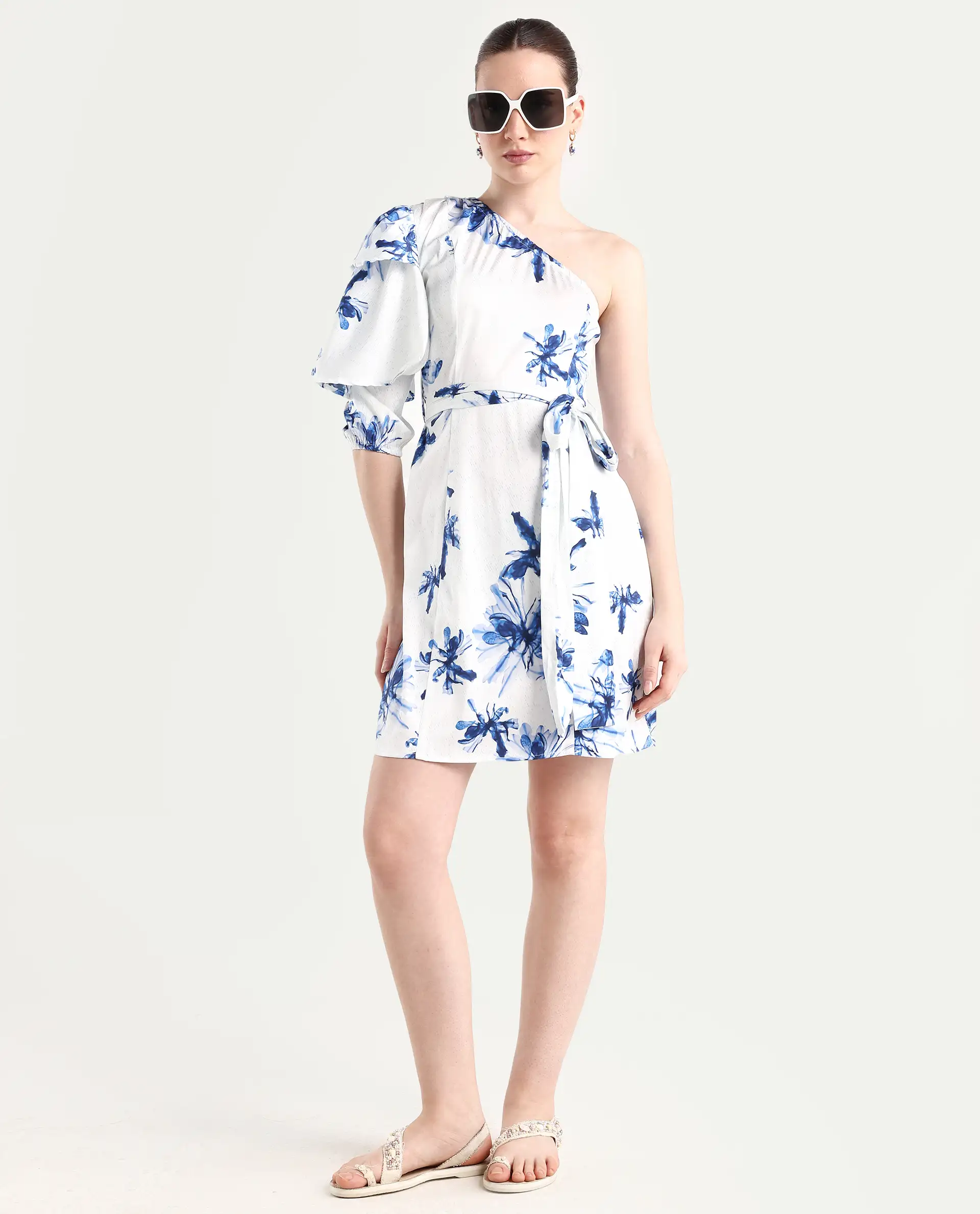 Rareism Women's Winnie White Modal One Shoulder Floral Print Puff Sleeves Knee Length Slim Fit Dress - Image 2