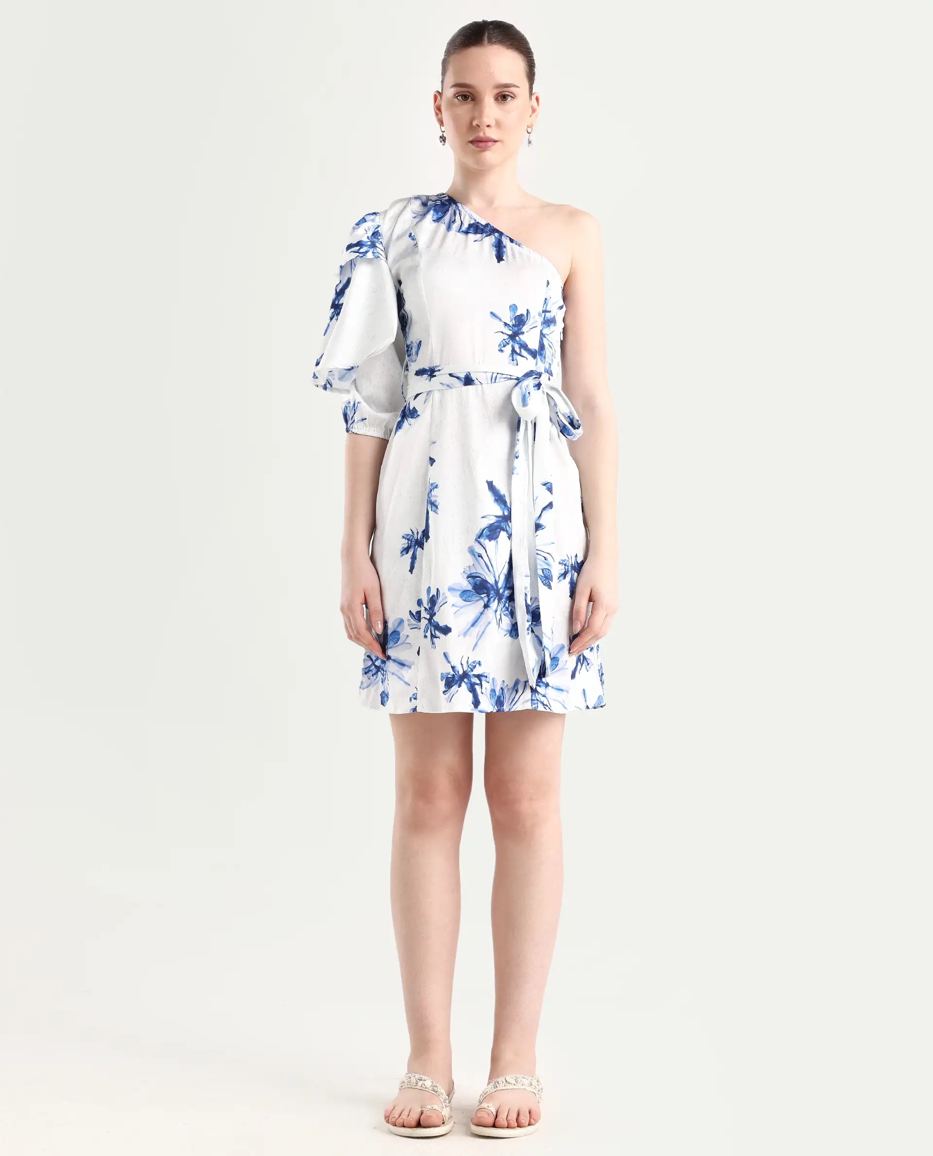 Rareism Women's Winnie White Modal One Shoulder Floral Print Puff Sleeves Knee Length Slim Fit Dress - Image 3