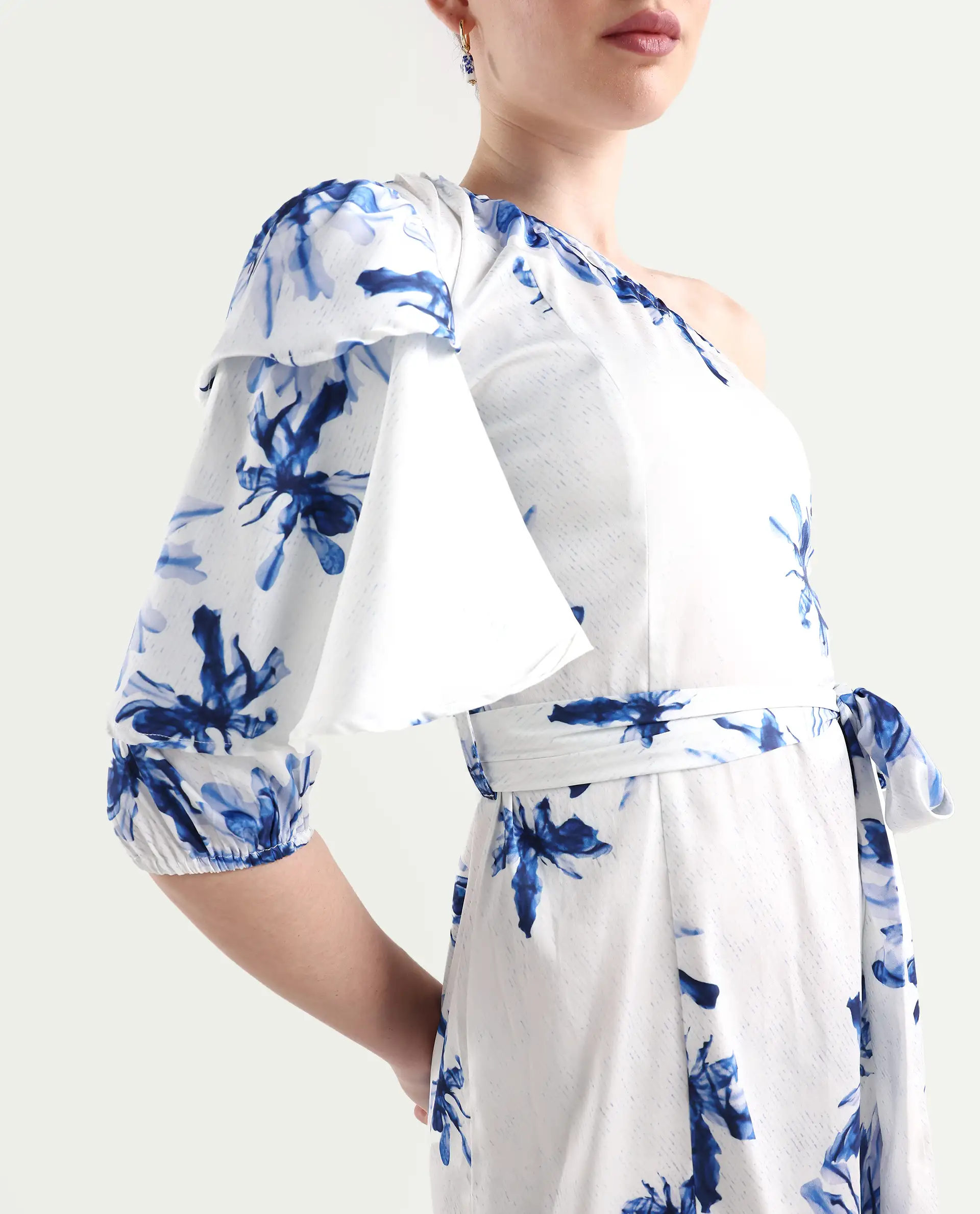 Rareism Women's Winnie White Modal One Shoulder Floral Print Puff Sleeves Knee Length Slim Fit Dress - Image 4