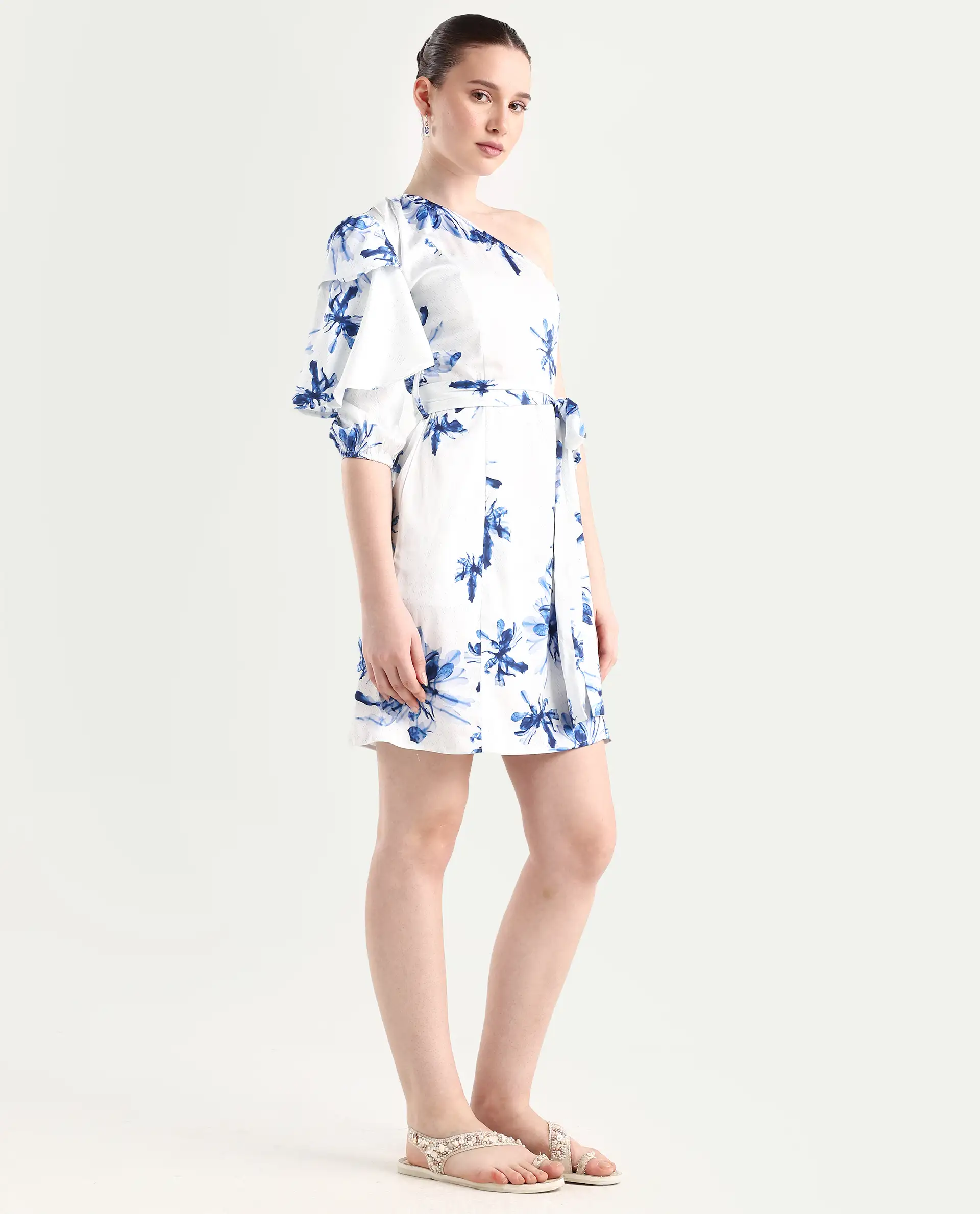 Rareism Women's Winnie White Modal One Shoulder Floral Print Puff Sleeves Knee Length Slim Fit Dress - Image 6