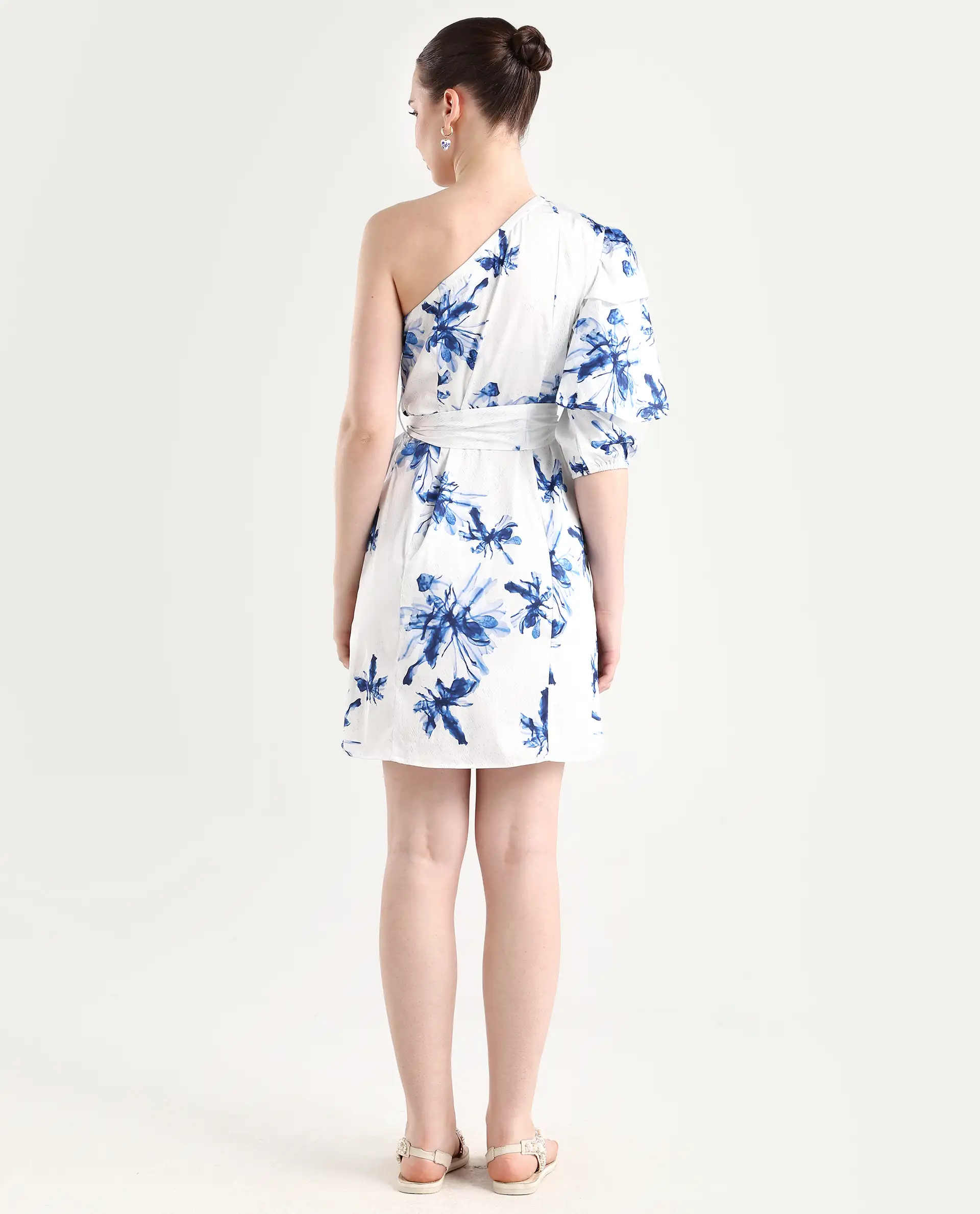 Rareism Women's Winnie White Modal One Shoulder Floral Print Puff Sleeves Knee Length Slim Fit Dress - Image 7