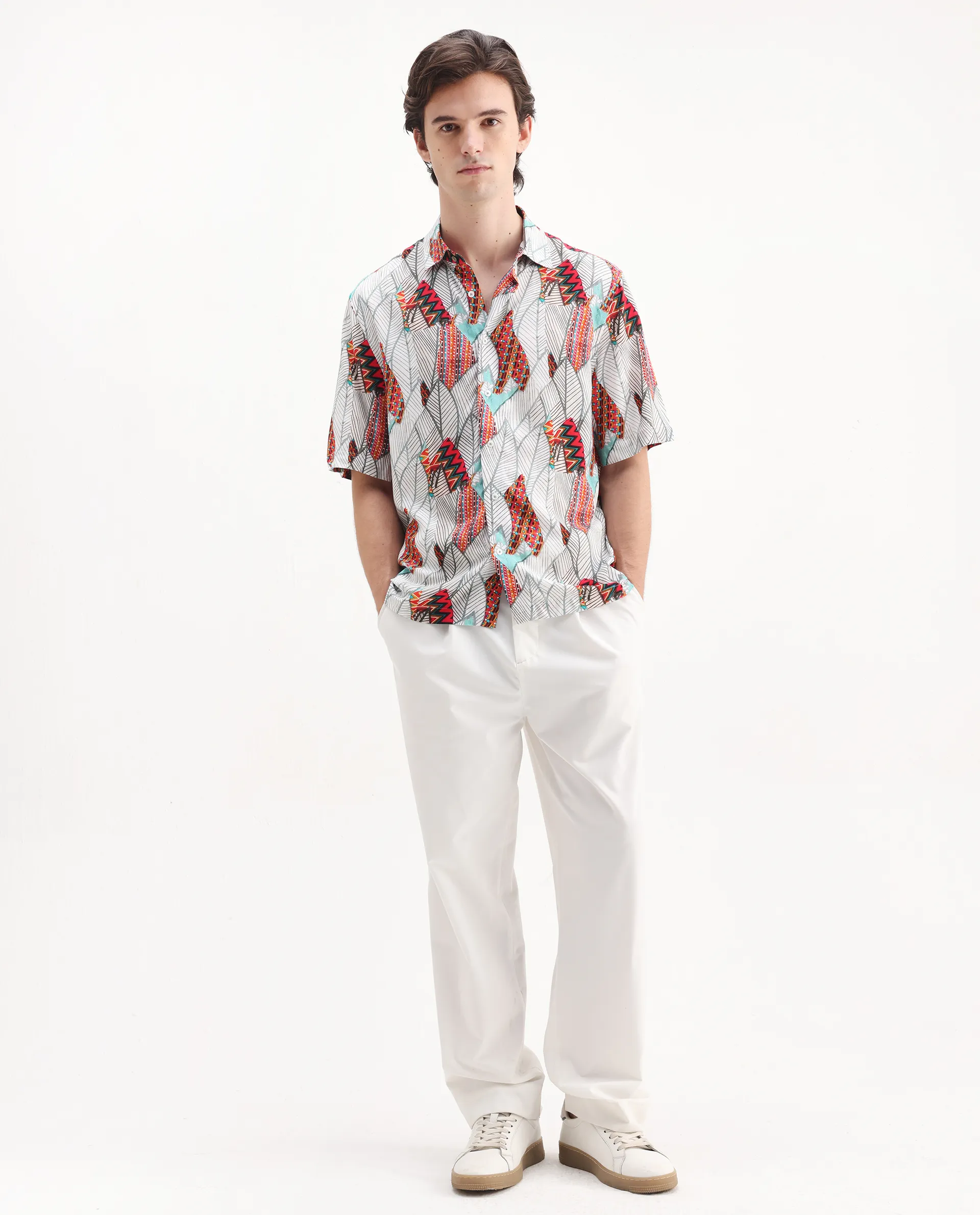 Rare Rabbit Men's Winona White Cotton Floral Print Boxy Fit Half Sleeve Collared Shirt - Image 2