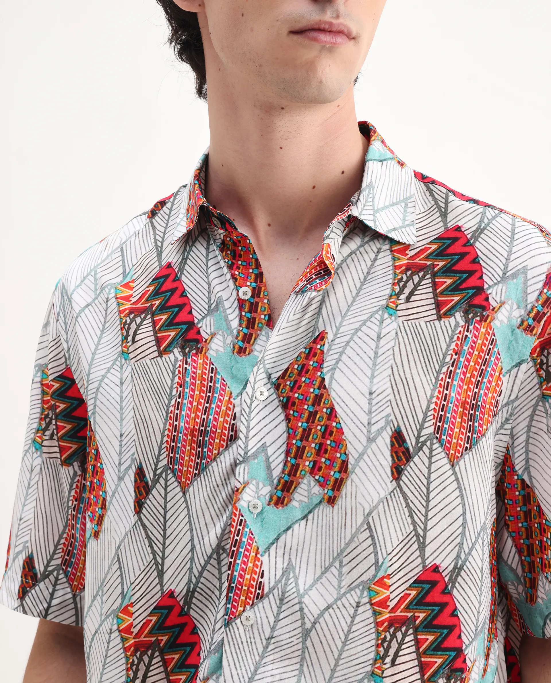 Rare Rabbit Men's Winona White Cotton Floral Print Boxy Fit Half Sleeve Collared Shirt - Image 3