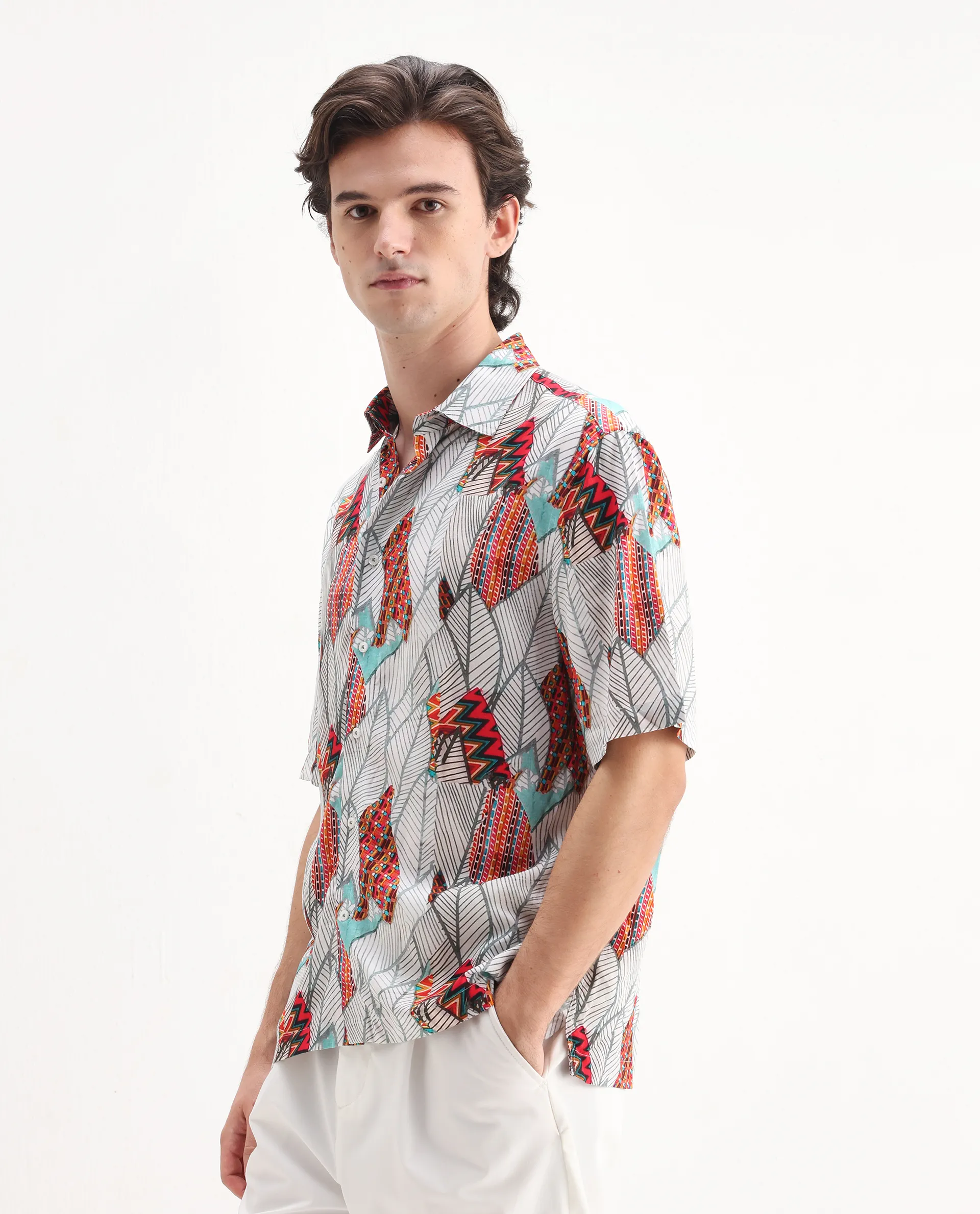 Rare Rabbit Men's Winona White Cotton Floral Print Boxy Fit Half Sleeve Collared Shirt - Image 4