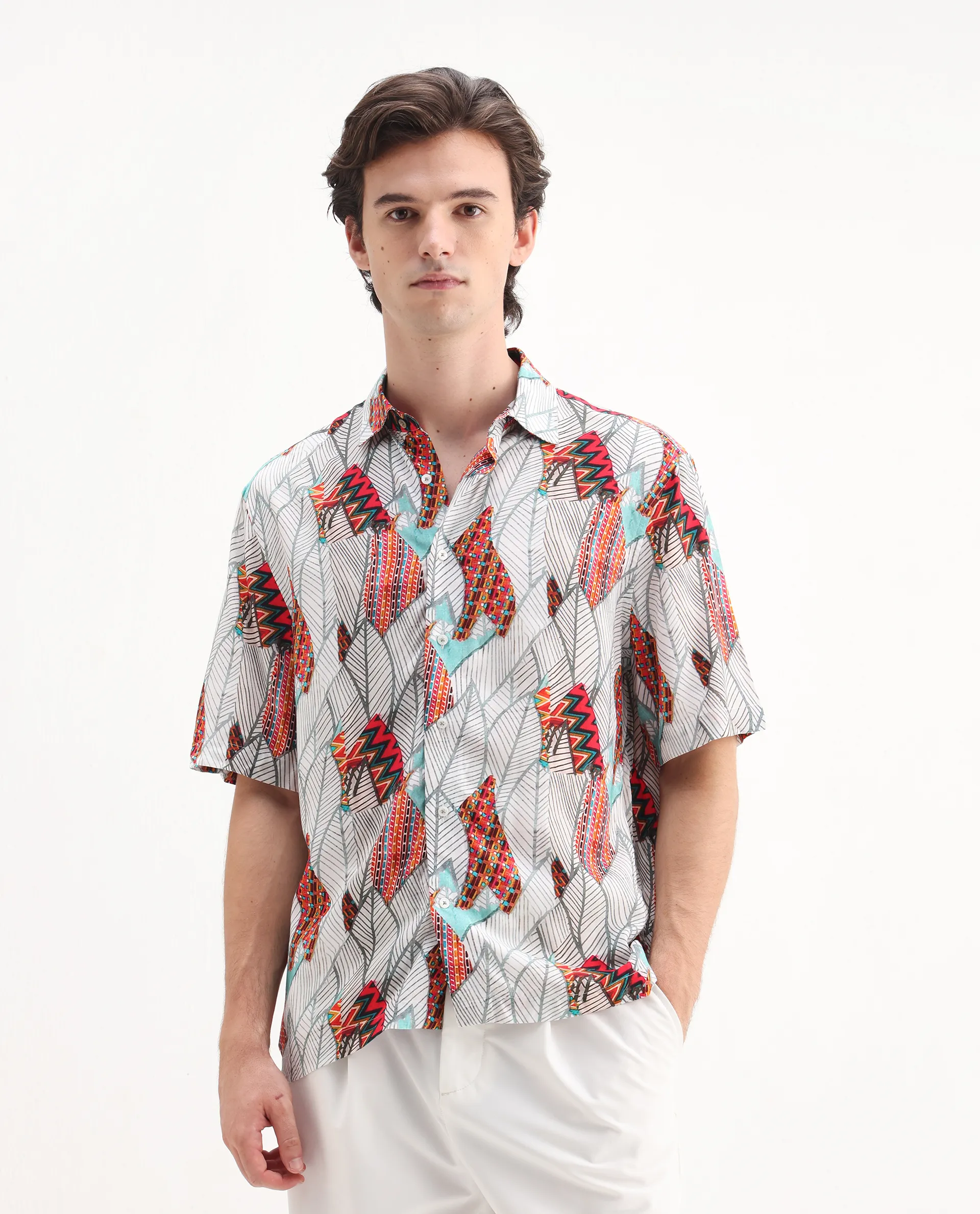 Rare Rabbit Men's Winona White Cotton Floral Print Boxy Fit Half Sleeve Collared Shirt - Image 5