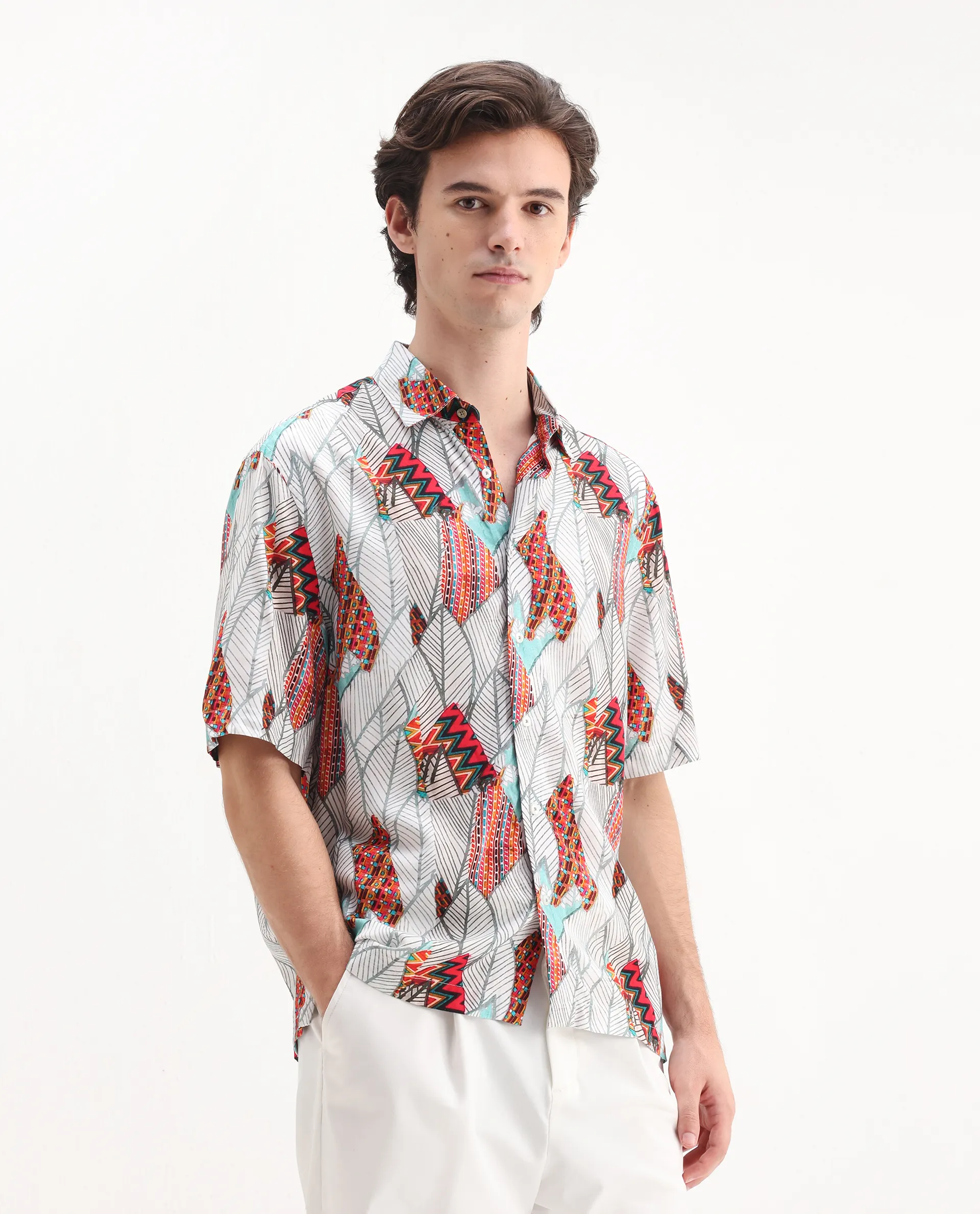 Rare Rabbit Men's Winona White Cotton Floral Print Boxy Fit Half Sleeve Collared Shirt - Image 6