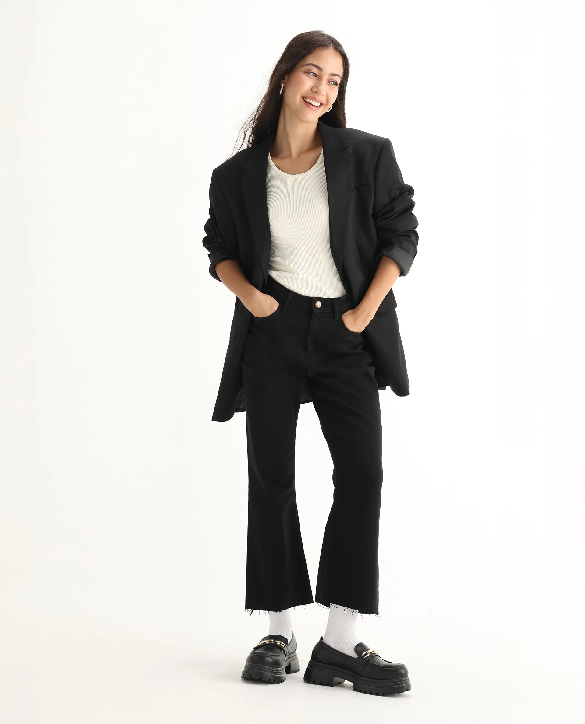 Rareism Women's Winona Black Cotton Blend Plain Ankle Length Classic Bootcut Jeans