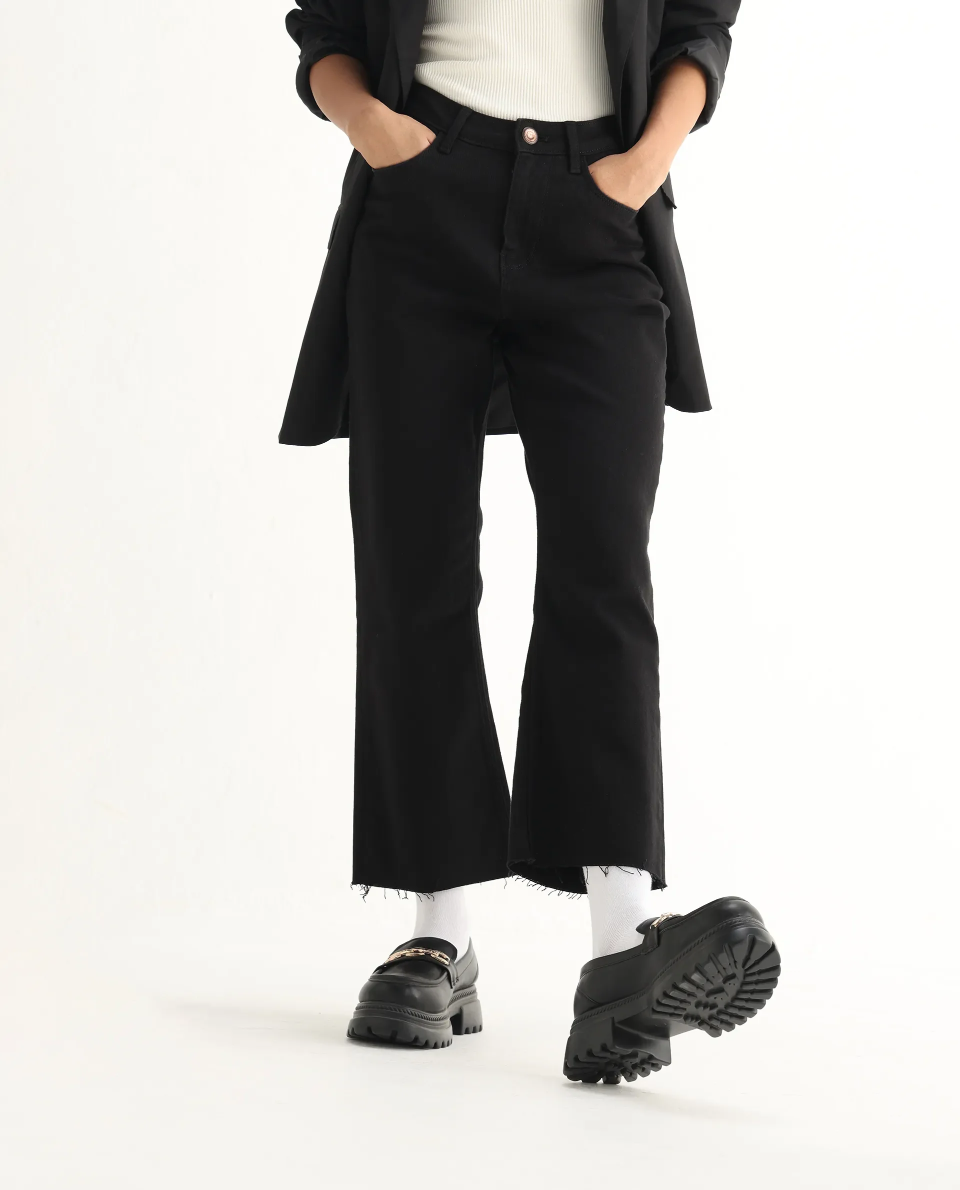 Rareism Women's Winona Black Cotton Blend Plain Ankle Length Classic Bootcut Jeans - Image 2