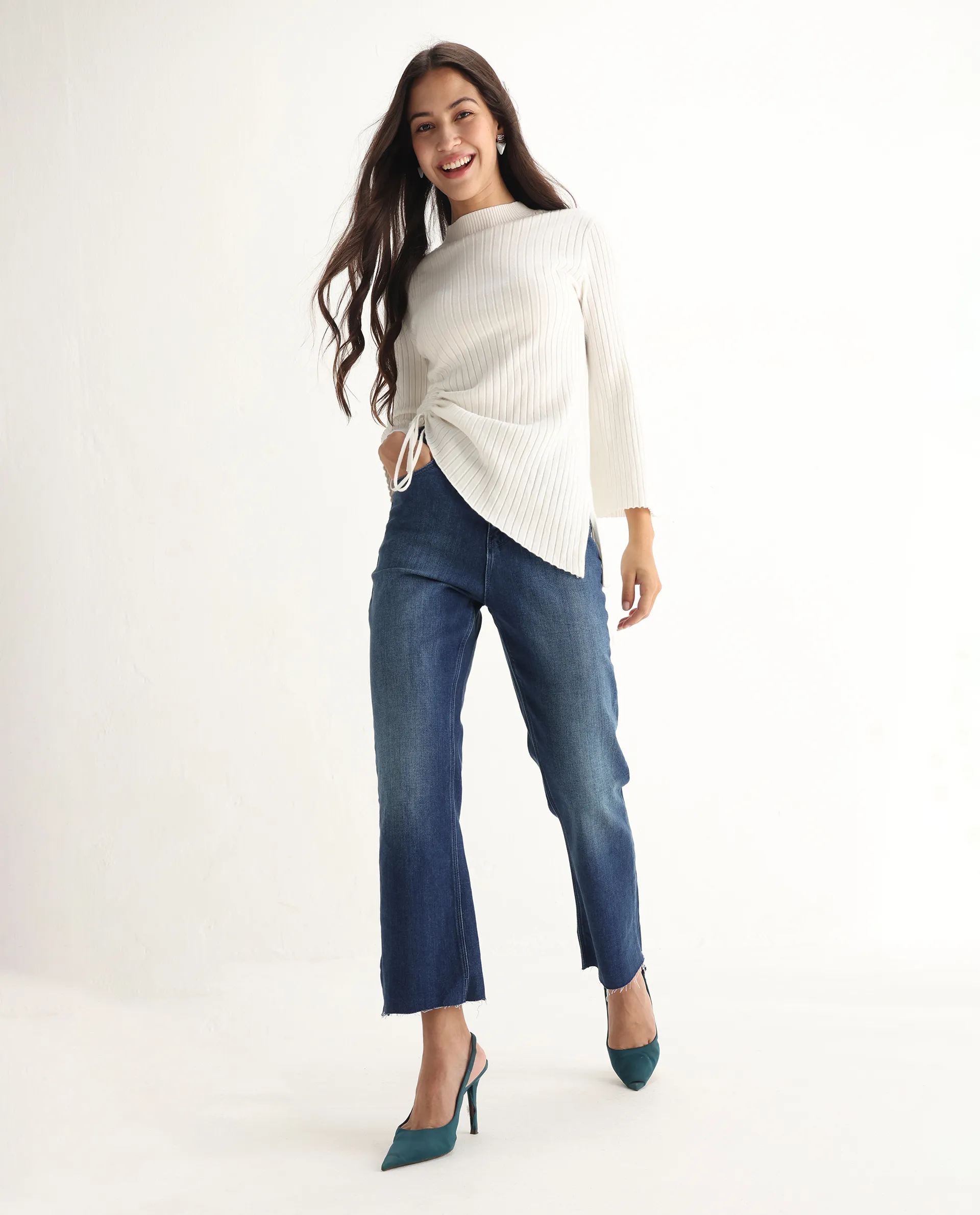 Rareism Women's Winona Blue Cotton Blend Plain Ankle Length Classic Bootcut Jeans