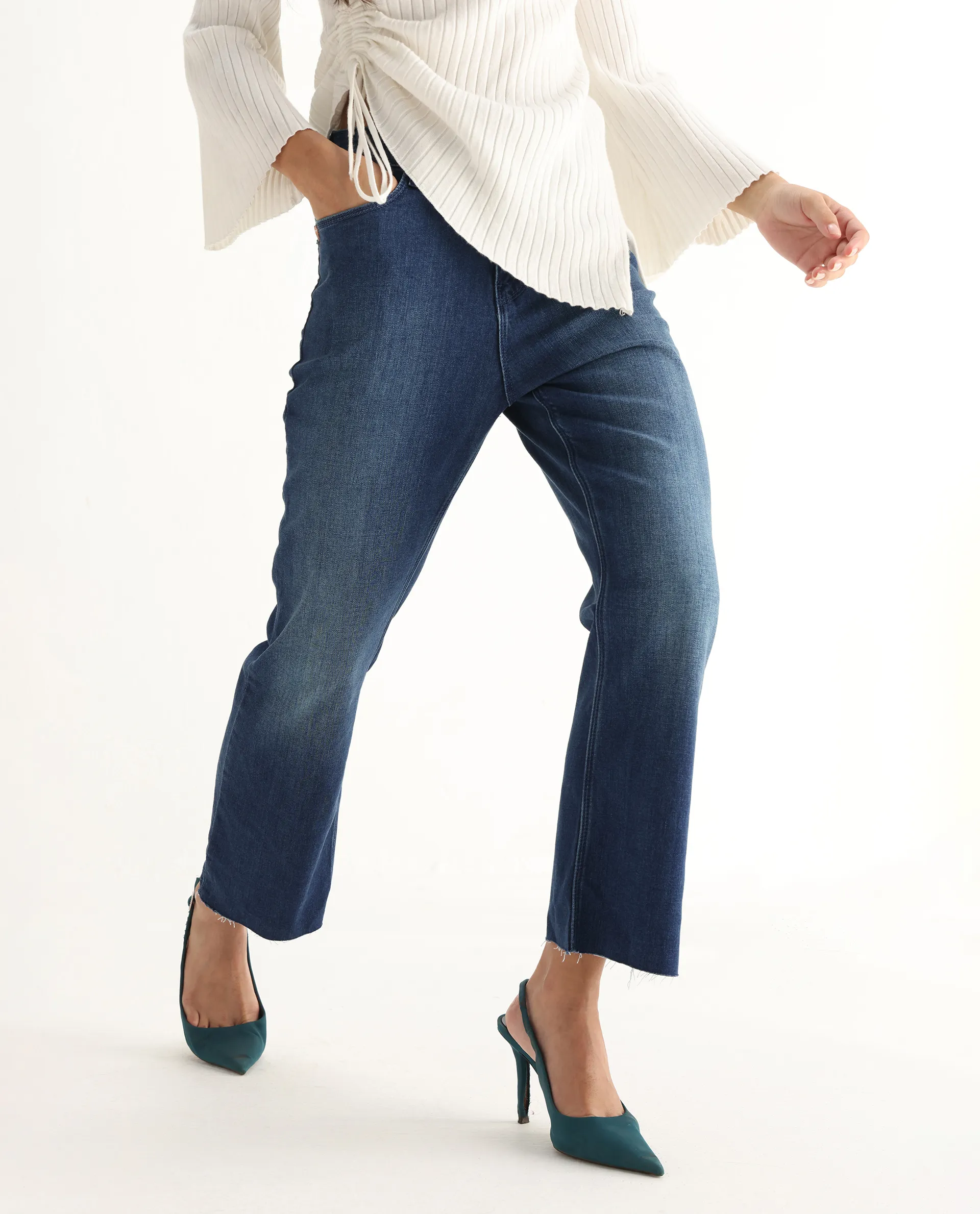 Rareism Women's Winona Blue Cotton Blend Plain Ankle Length Classic Bootcut Jeans - Image 2