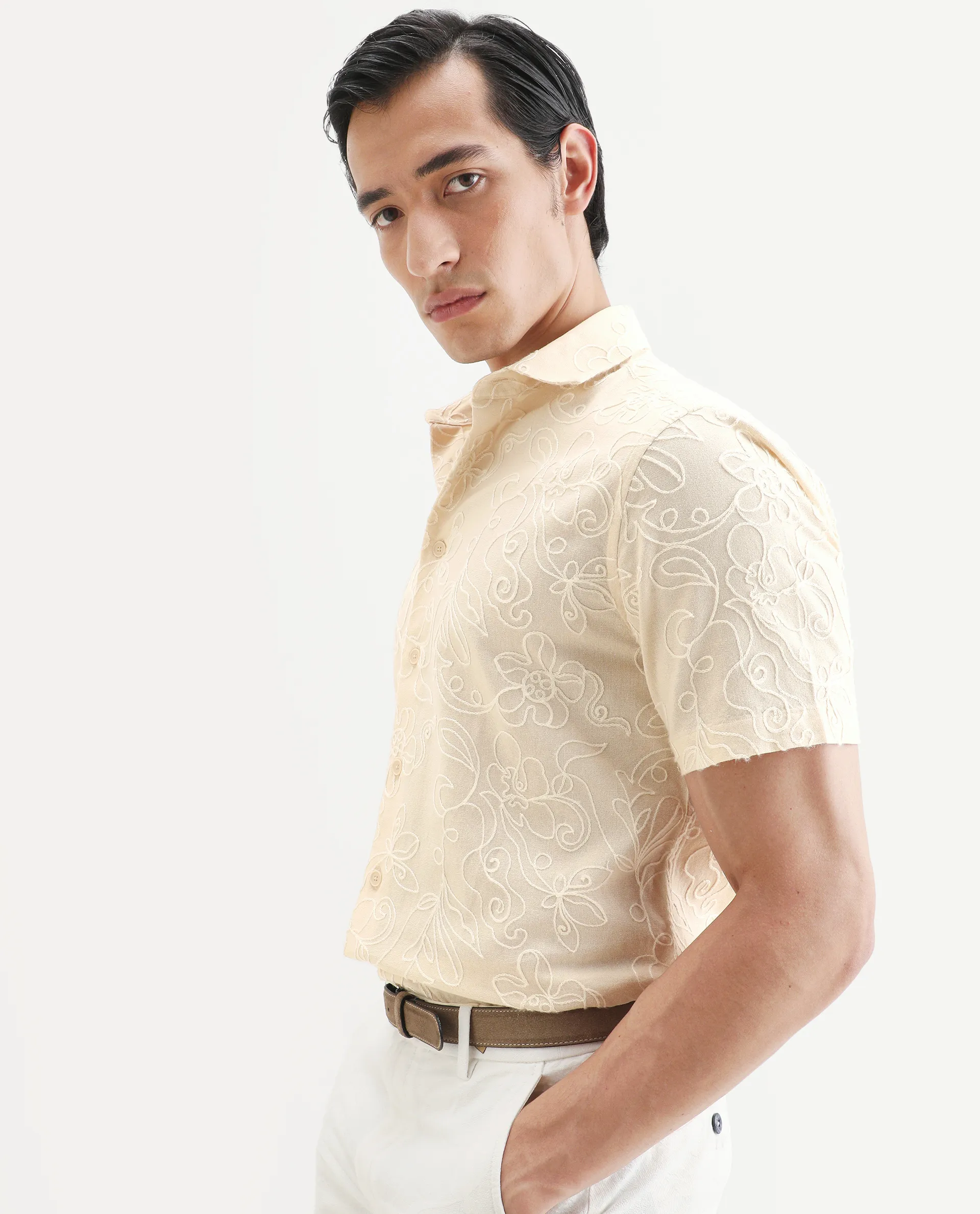 Rare Rabbit Men's Winsen Beige Cotton Fabric Half Sleeve Spread Collar Regular Fit Embroidered Shirt - Image 2