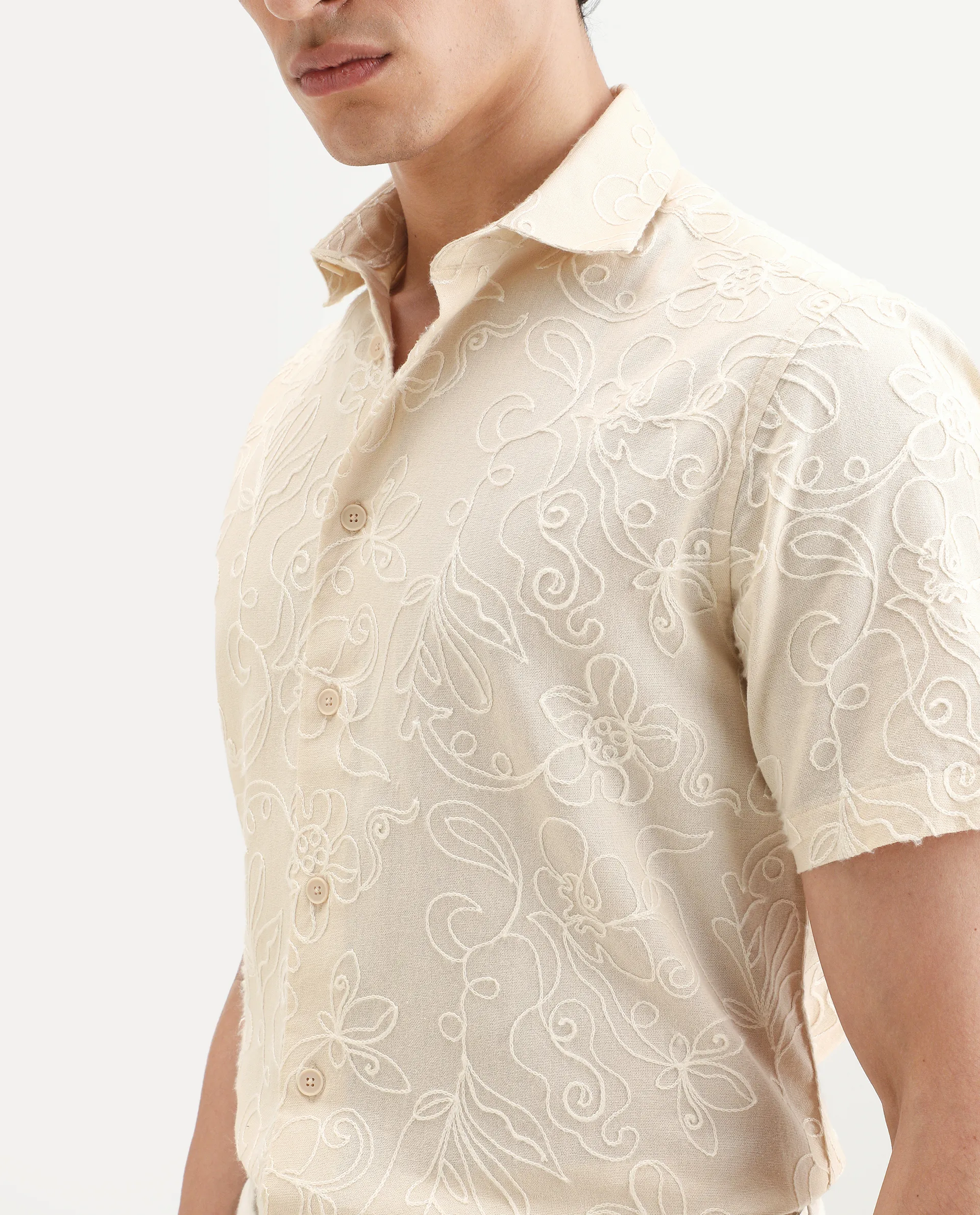 Rare Rabbit Men's Winsen Beige Cotton Fabric Half Sleeve Spread Collar Regular Fit Embroidered Shirt - Image 3