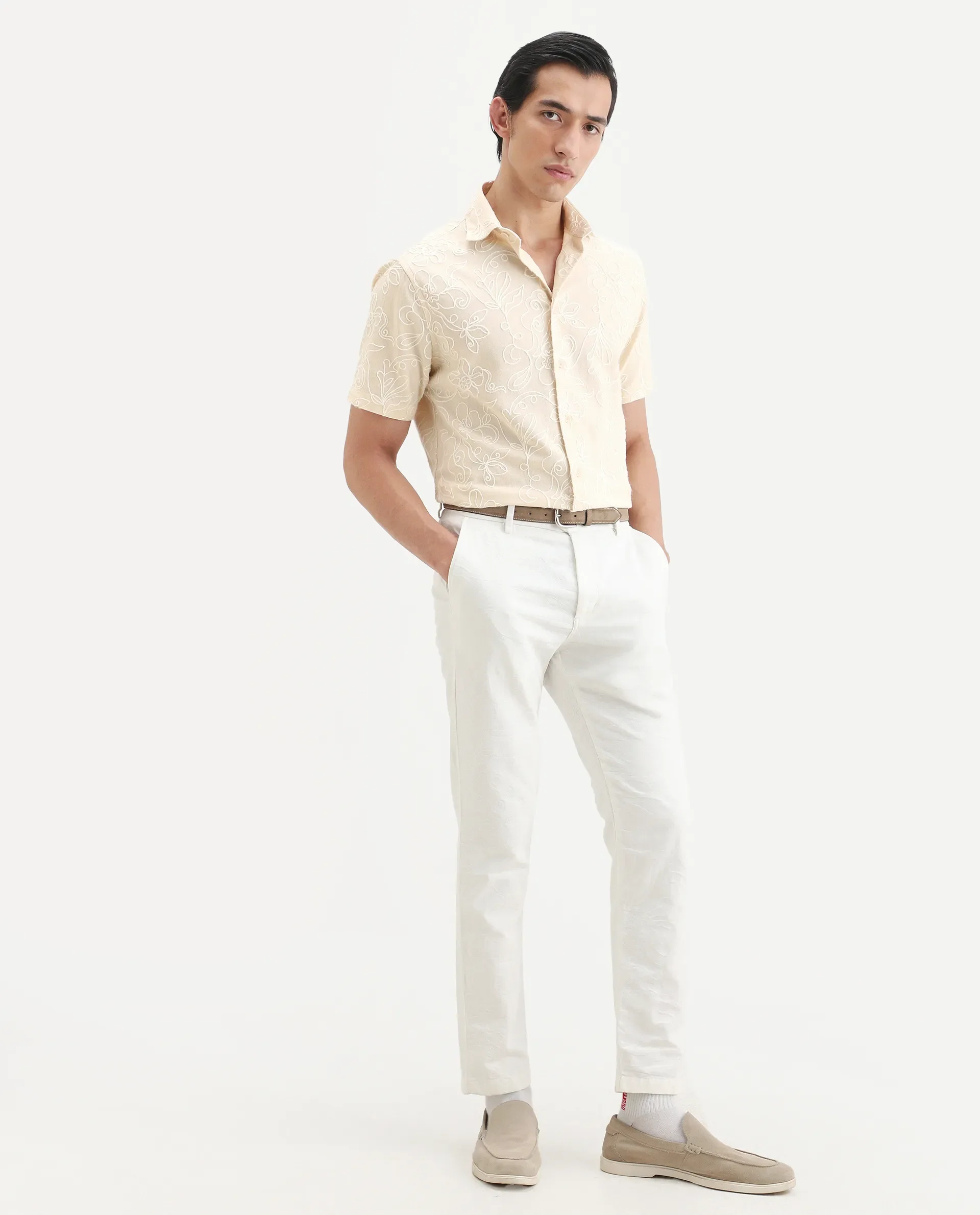 Rare Rabbit Men's Winsen Beige Cotton Fabric Half Sleeve Spread Collar Regular Fit Embroidered Shirt - Image 4