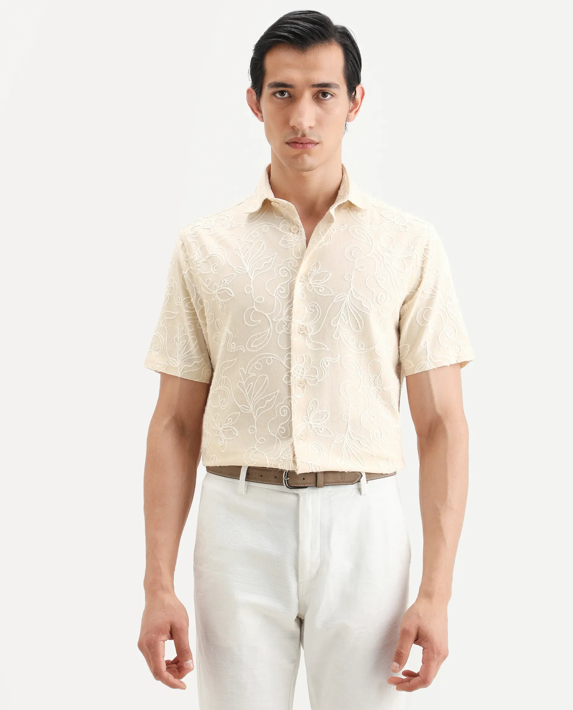 Rare Rabbit Men's Winsen Beige Cotton Fabric Half Sleeve Spread Collar Regular Fit Embroidered Shirt - Image 5