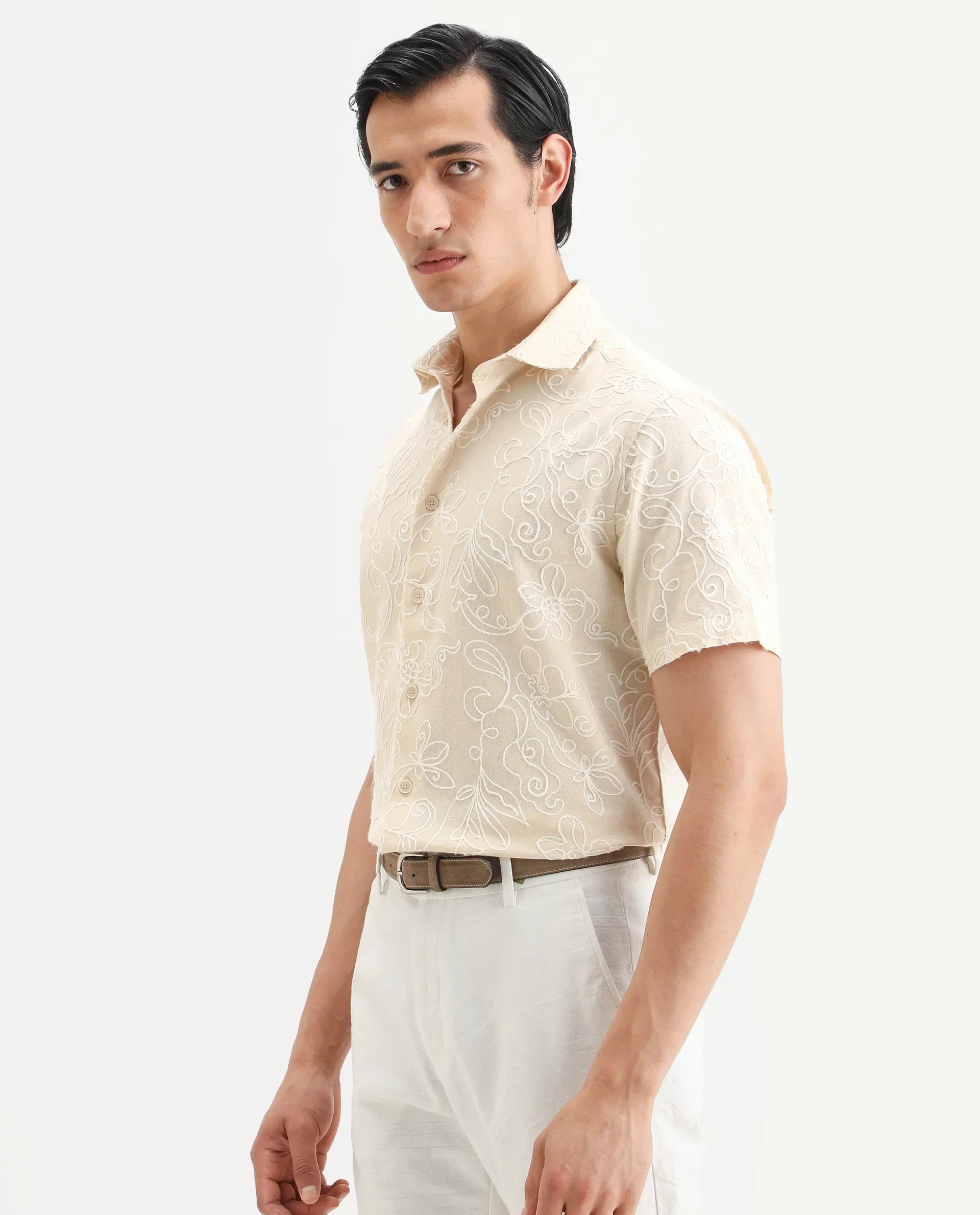 Rare Rabbit Men's Winsen Beige Cotton Fabric Half Sleeve Spread Collar Regular Fit Embroidered Shirt - Image 6