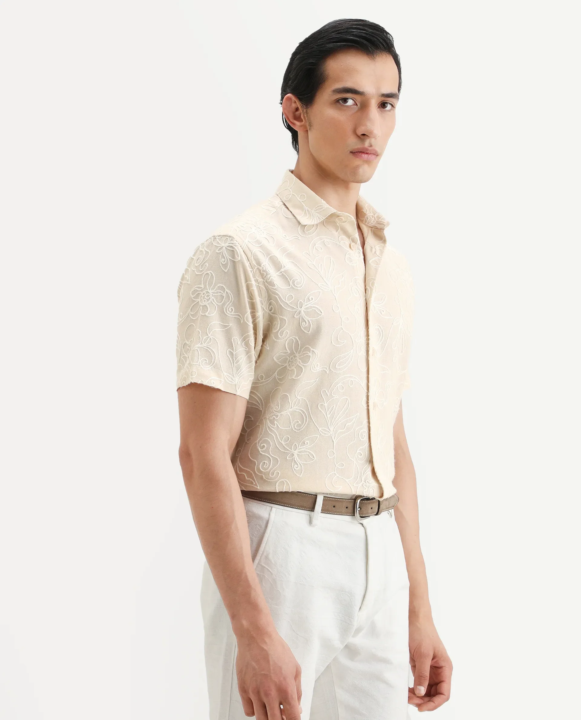 Rare Rabbit Men's Winsen Beige Cotton Fabric Half Sleeve Spread Collar Regular Fit Embroidered Shirt - Image 7