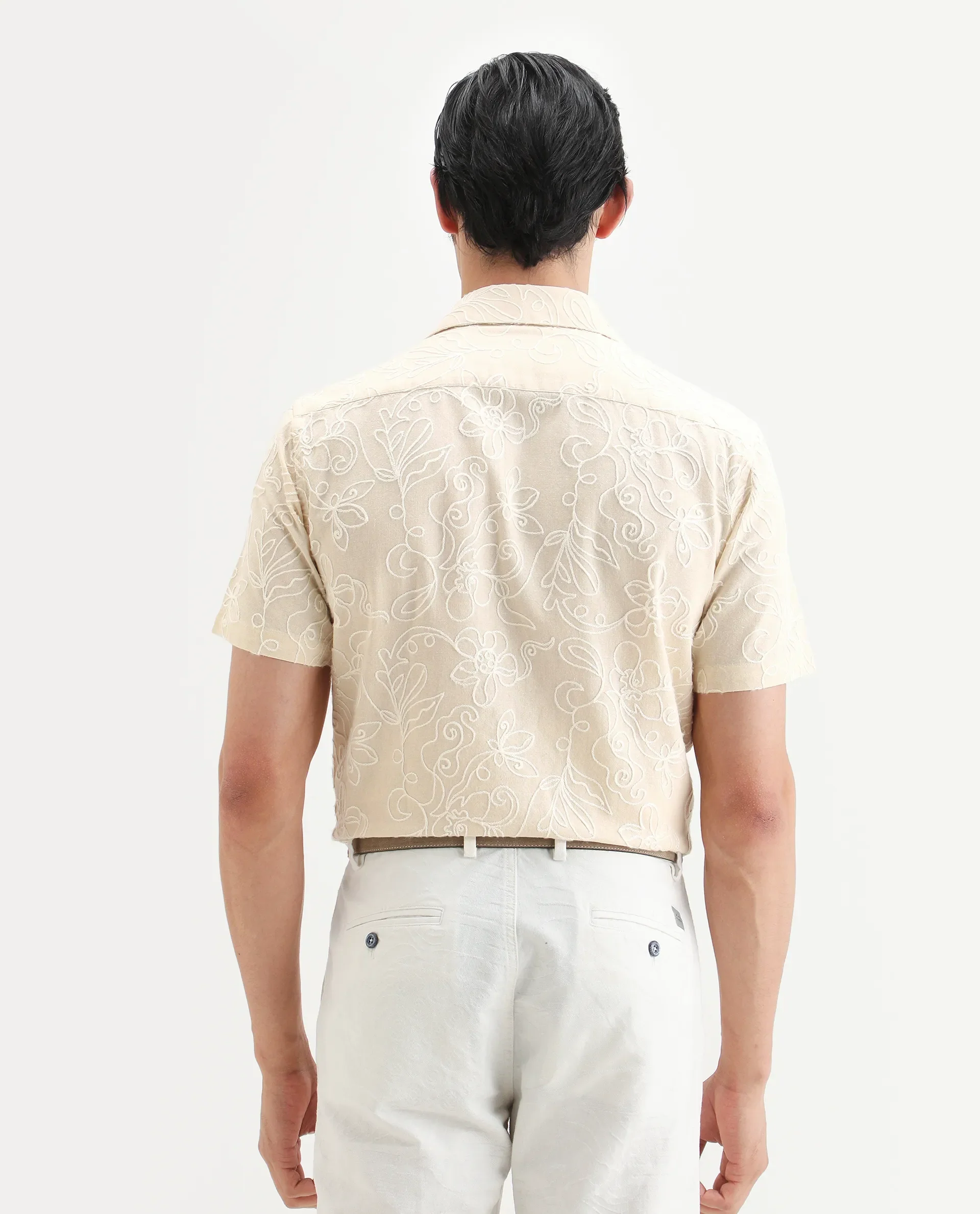 Rare Rabbit Men's Winsen Beige Cotton Fabric Half Sleeve Spread Collar Regular Fit Embroidered Shirt - Image 8