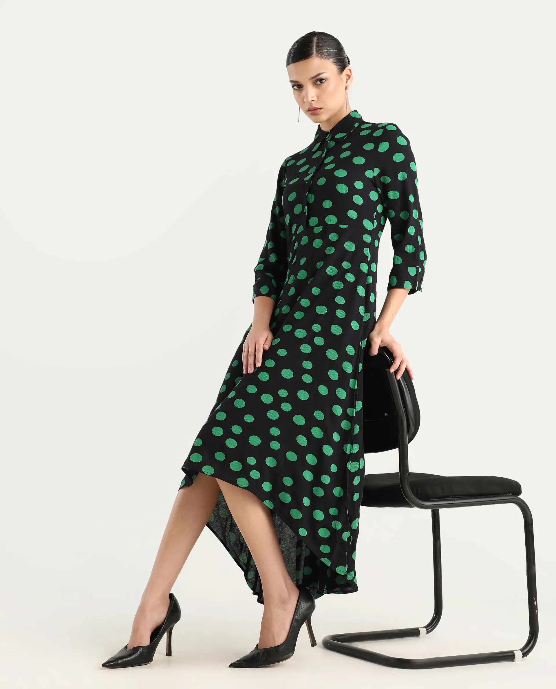 Rareism Women's Winslet Black Rayon Drop Collar Polka Print Cuffed Sleeve Maxi Flared Dress