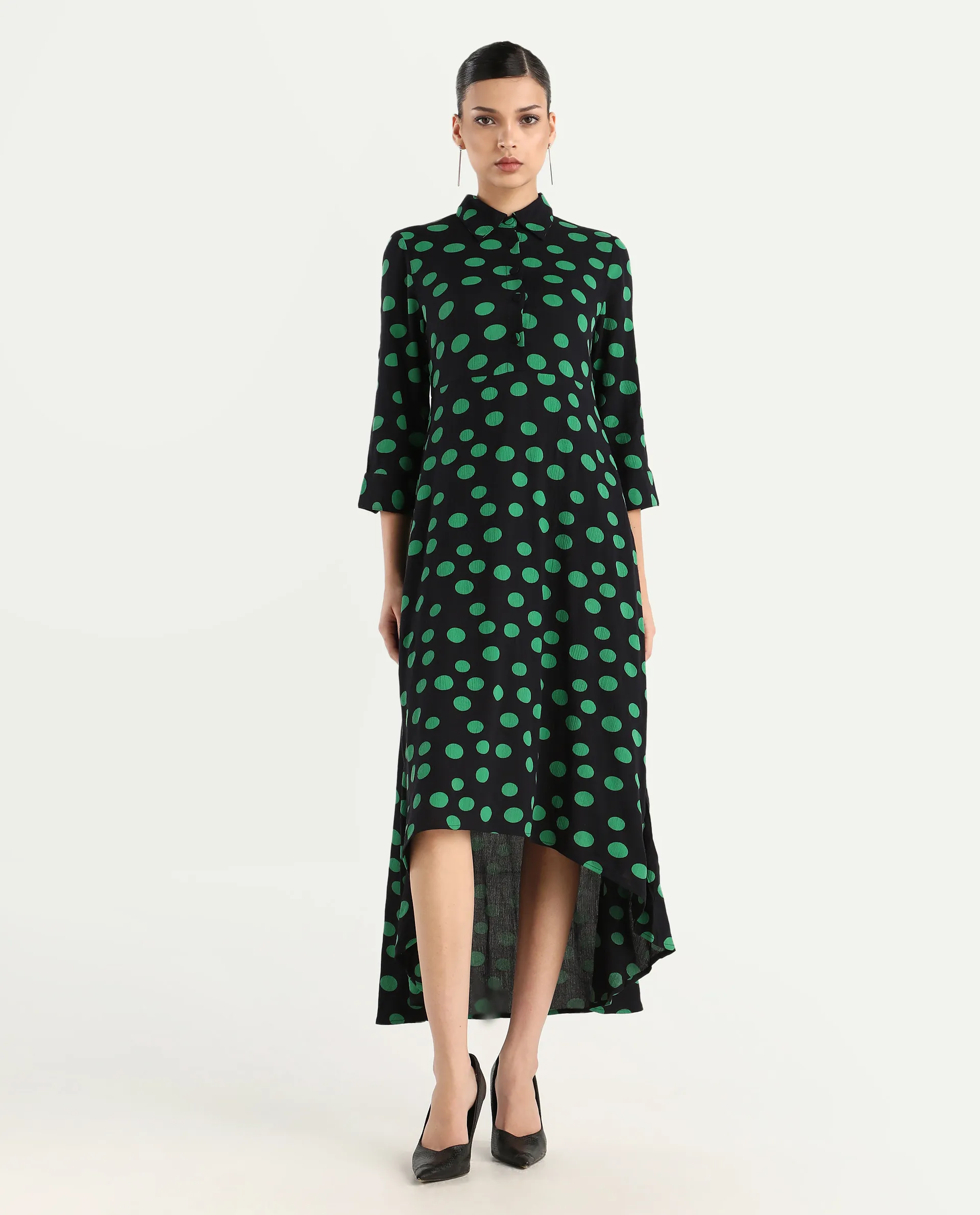 Rareism Women's Winslet Black Rayon Drop Collar Polka Print Cuffed Sleeve Maxi Flared Dress - Image 2