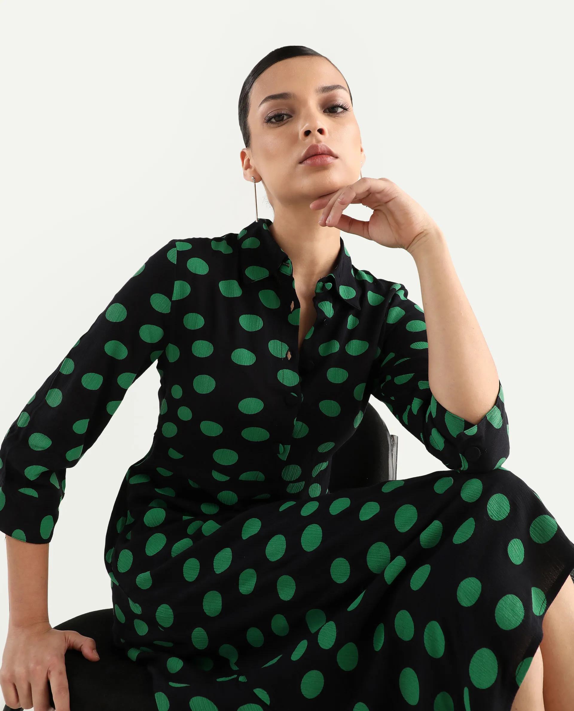 Rareism Women's Winslet Black Rayon Drop Collar Polka Print Cuffed Sleeve Maxi Flared Dress - Image 3